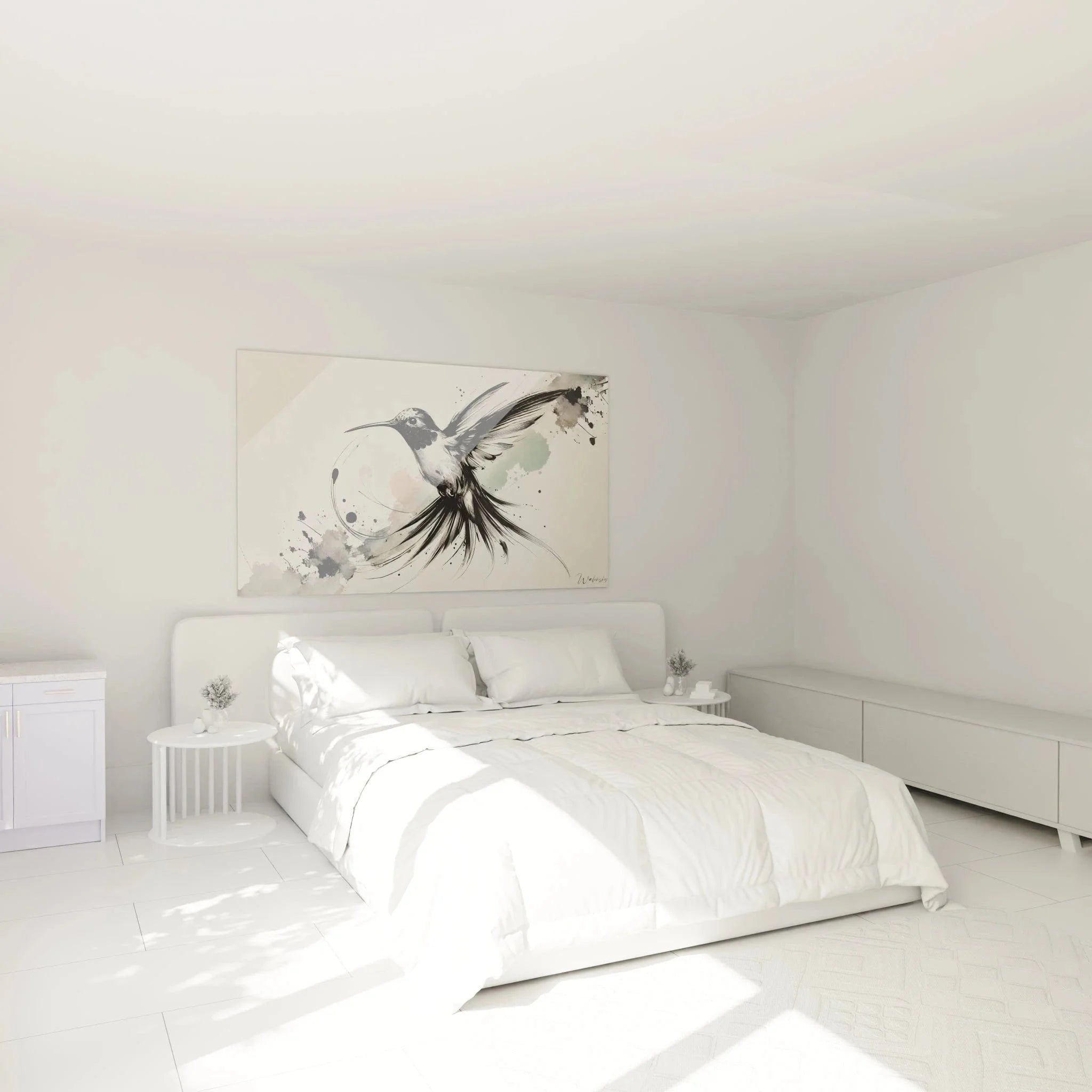 Kolibri Wandbild XXL in modernem Schlafzimmer als stilvolle Wanddekoration
