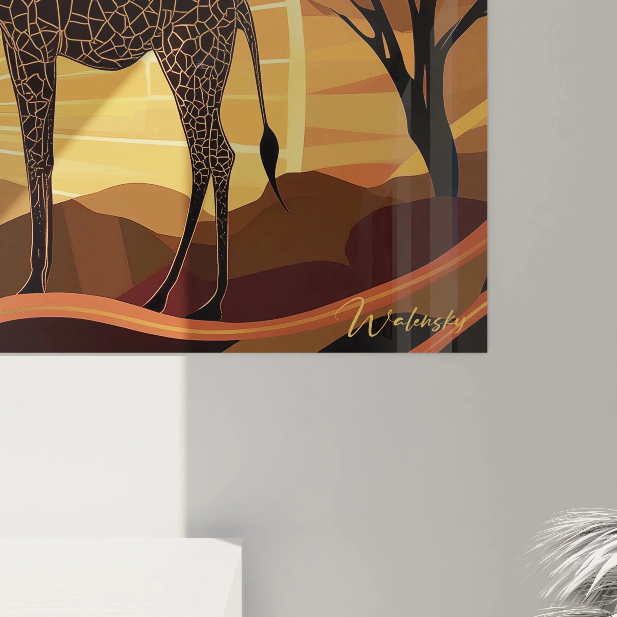 Komplette Ansicht Afrika Wandbild Giraffen - XXL Kunstdruck im Mosaik-Stil mit Sonnenuntergang Motiv