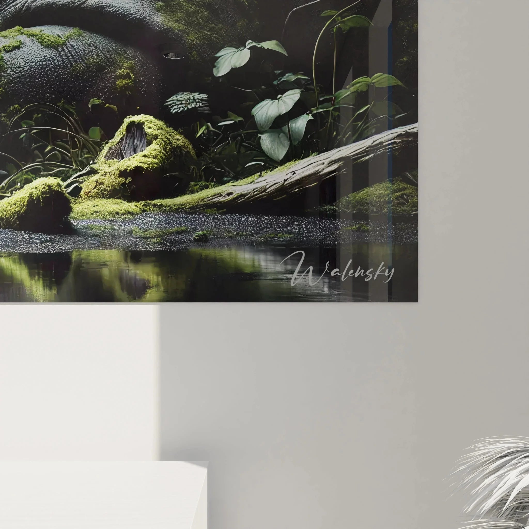 Komplettansicht Wandbild Nashorn Natur - Übersicht der mystischen Ruinendarstellung mit Moosbewuchs