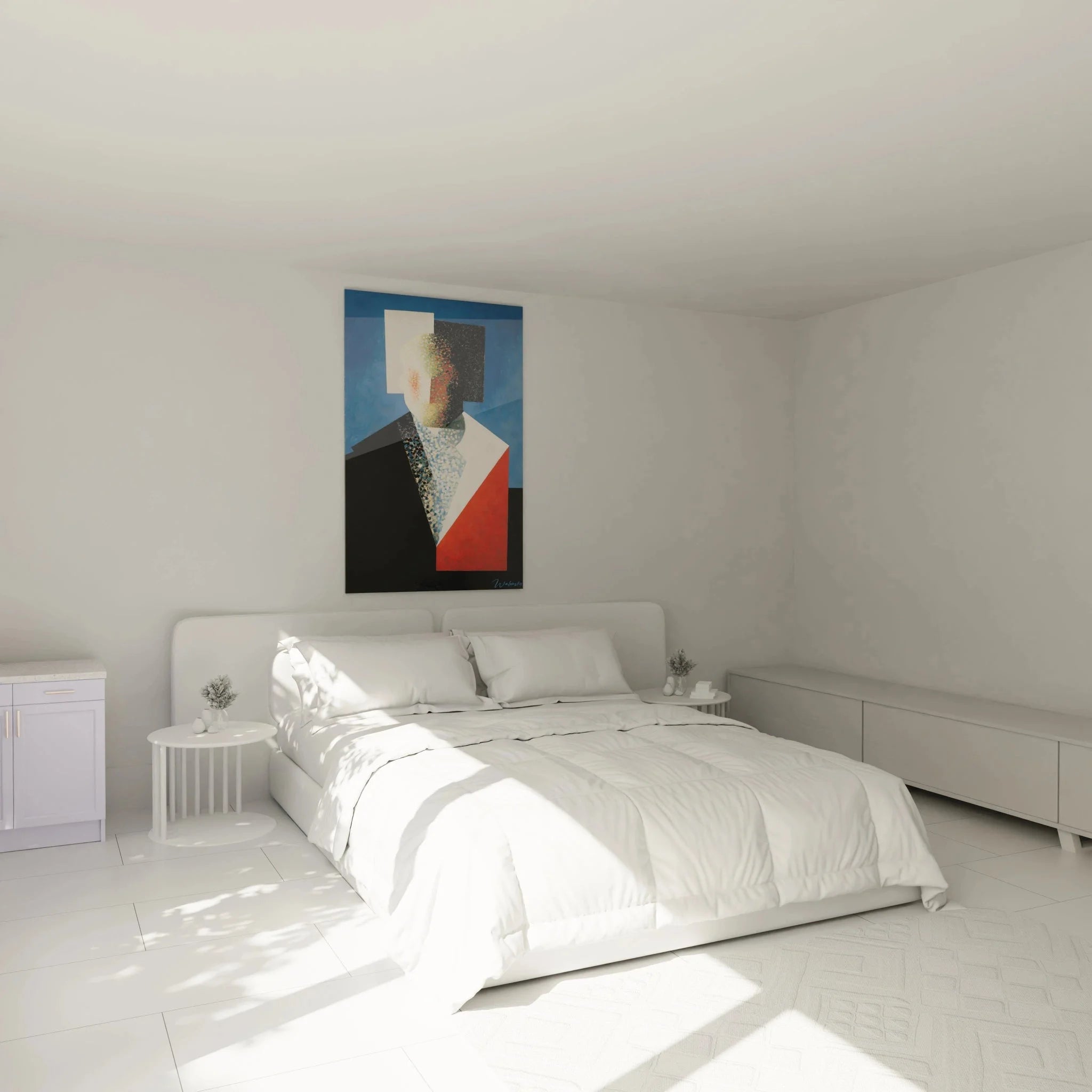 Wandbild Portrait Konstruktivismus im Schlafzimmer - geometrische Wanddekoration in modernem Ambiente