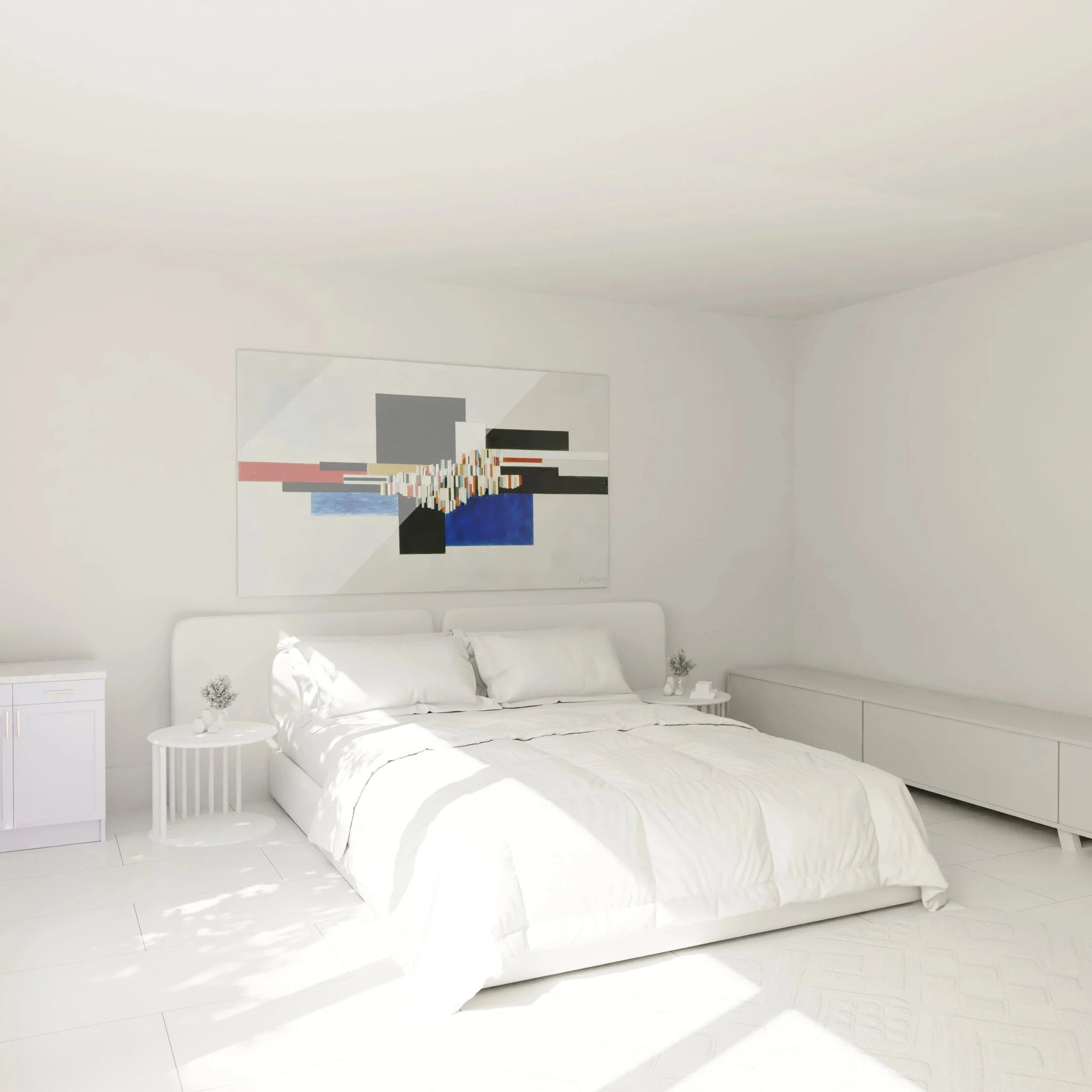 Konstruktivistisches Wandbild abstrakte Geometrie im Schlafzimmer Ambiente moderne Wanddekoration XXL