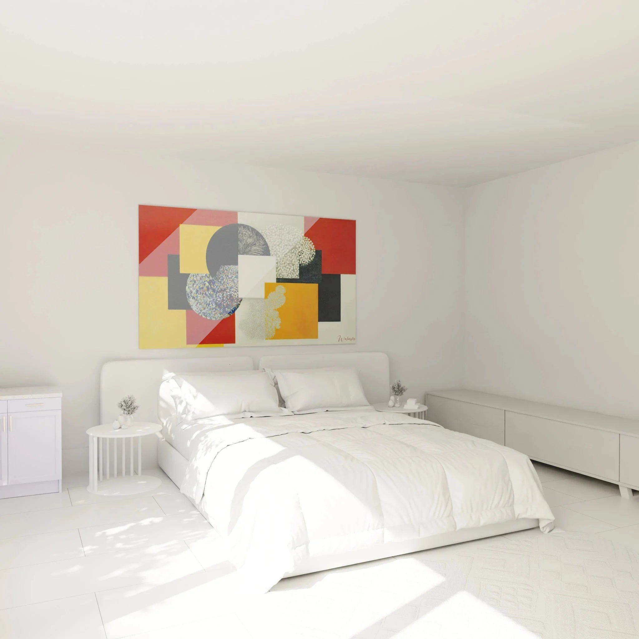 Konstruktivismus Wandbild mit geometrischen Formen in modernem Schlafzimmer Ambiente