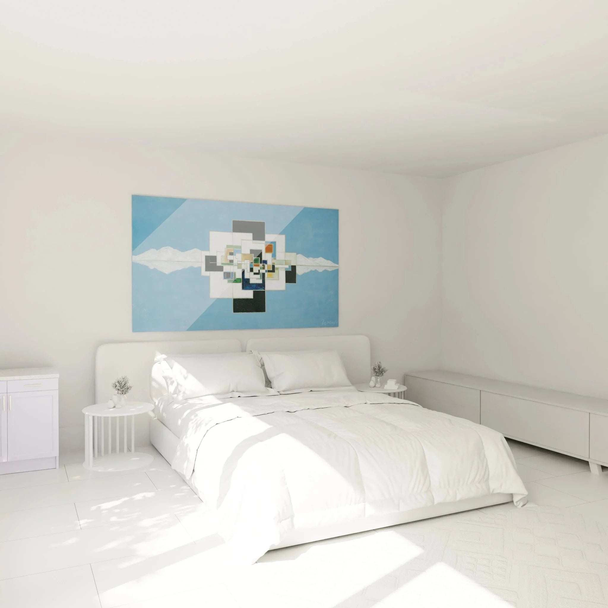 Konstruktivismus Wandbild geometrische Formen in modernem Schlafzimmer Ambiente