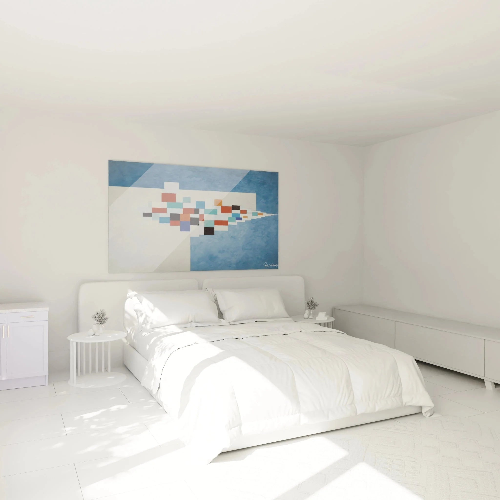 Konstruktivistisches Wandbild XXL als Schlafzimmer Dekoration mit abstrakten geometrischen Elementen