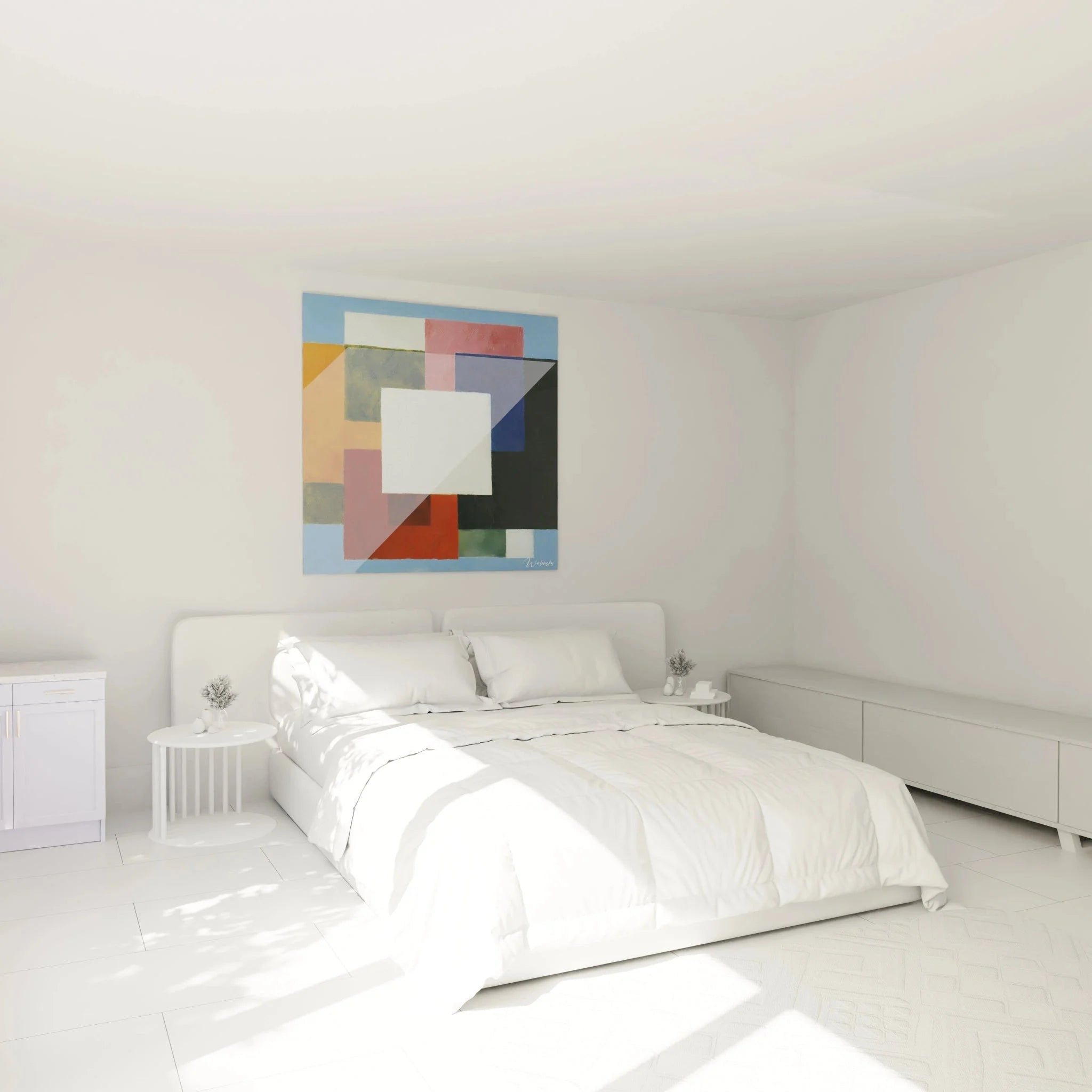 Geometrisches Wandbild Konstruktivismus XXL in modernem Schlafzimmer mit abstrakten Farbblöcken als Wanddekoration