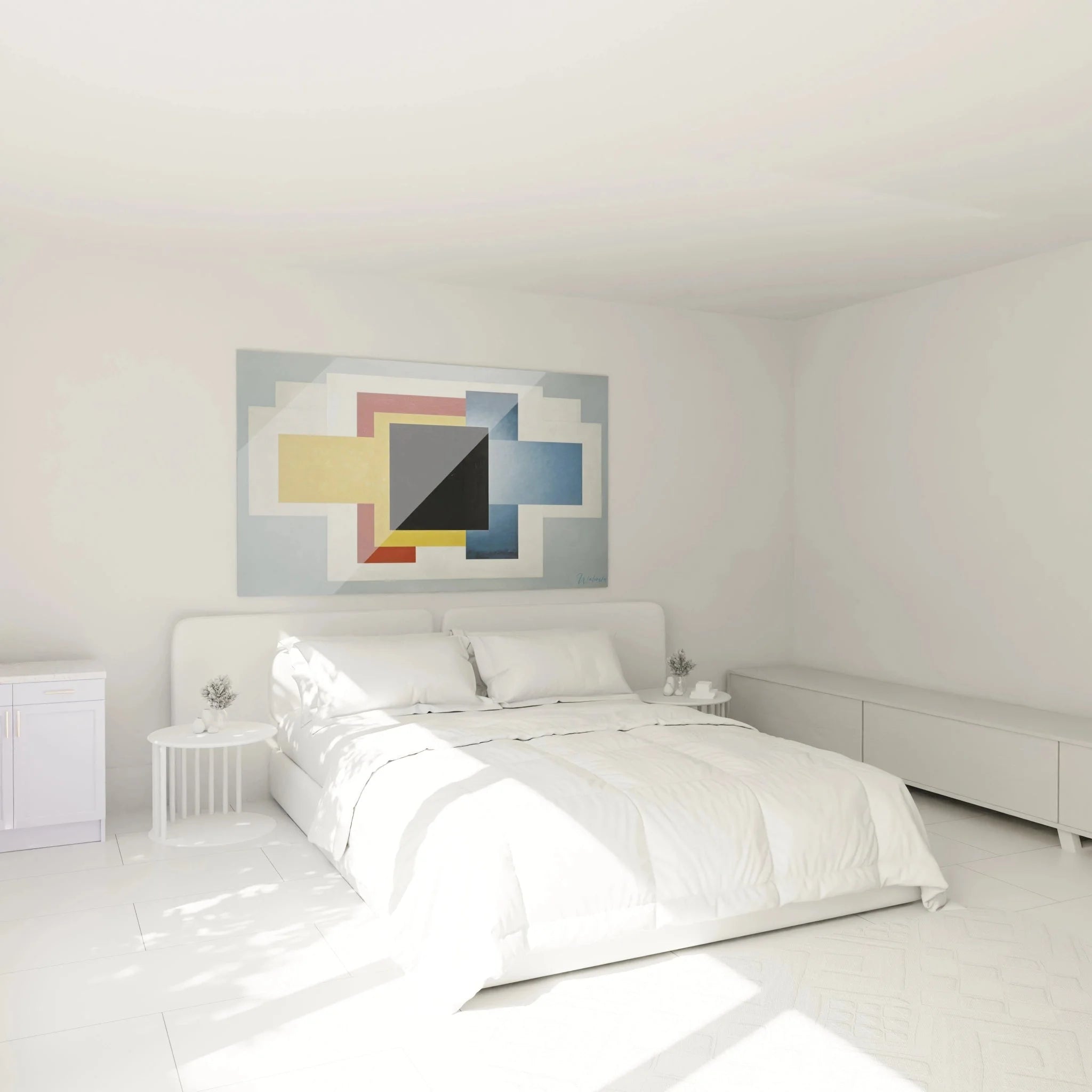 Konstruktivismus Wandbild geometrisch in modernem Schlafzimmer als stilvolle Wanddekoration