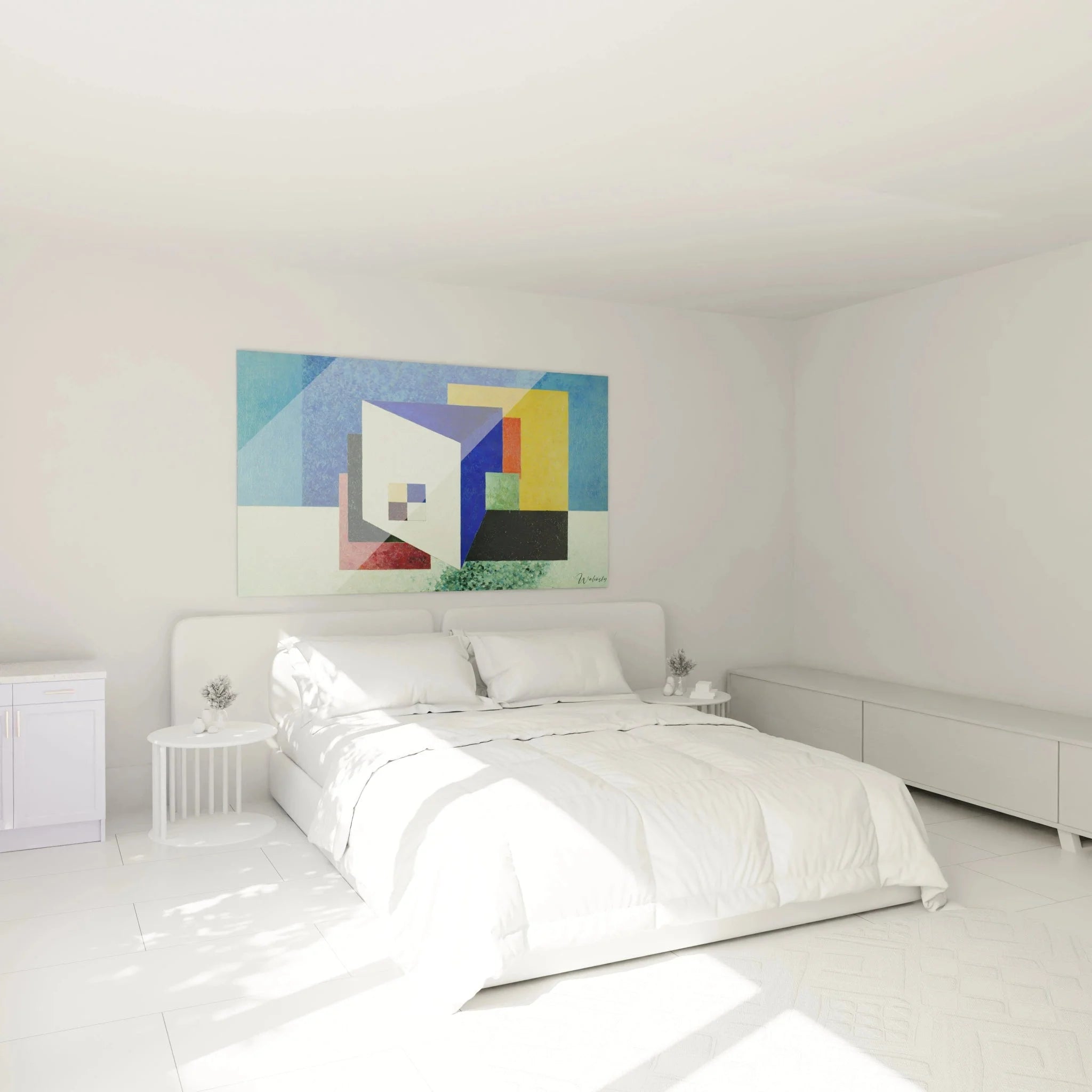 Konstruktivismus Wandbild XXL in Schlafzimmer Ambiente mit geometrischen Formen