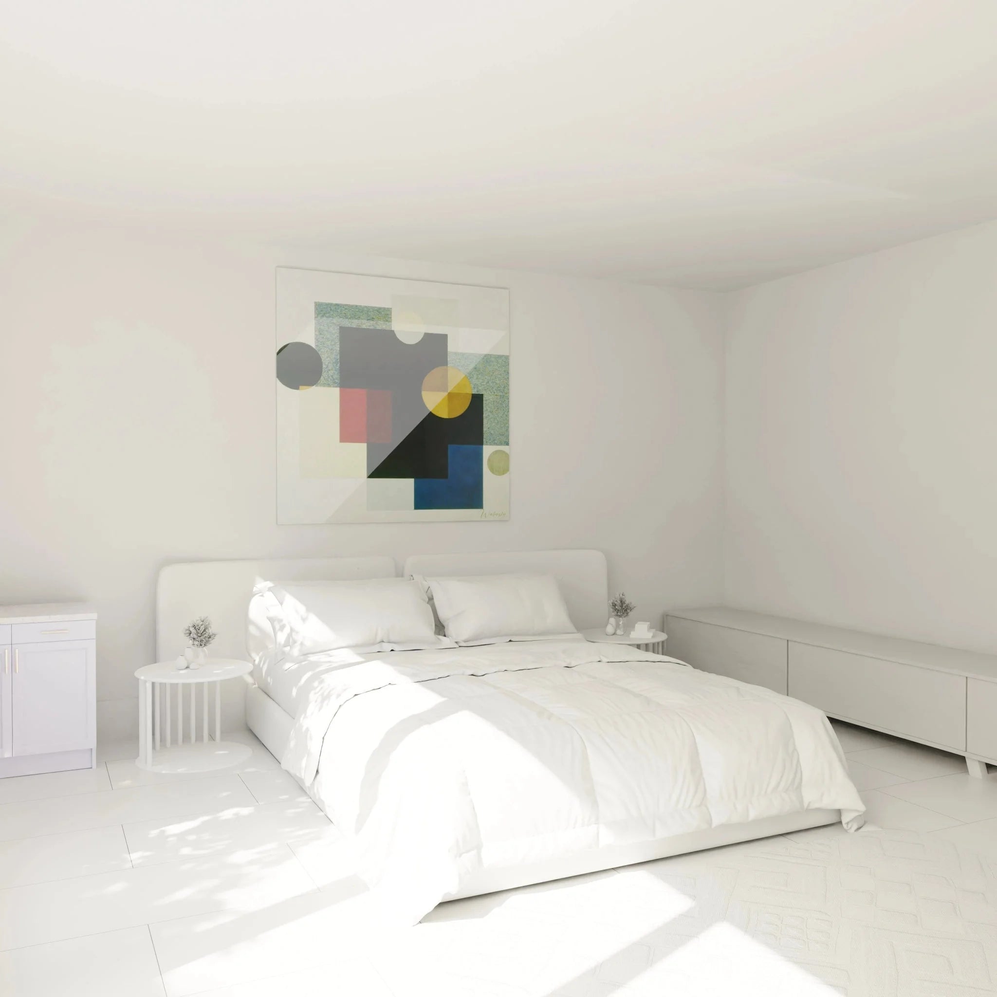 Konstruktivistische Wandkunst im Schlafzimmer mit abstrakten geometrischen Formen und lebendigen Farben
