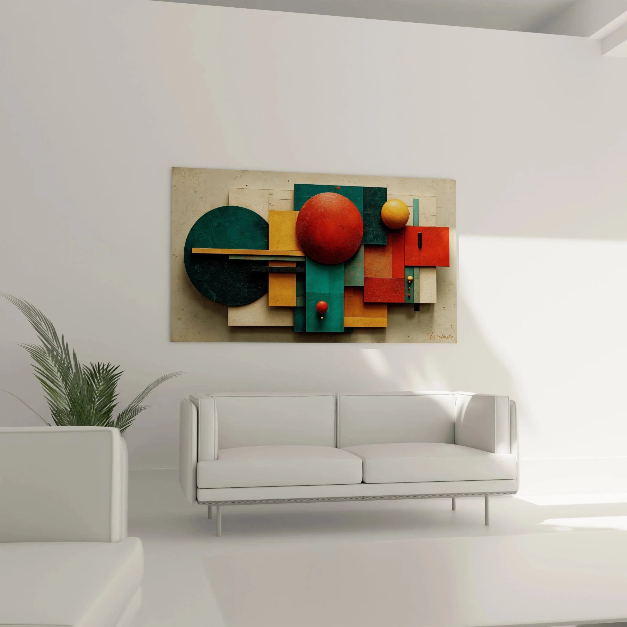 Detailaufnahme konstruktivistische Wandkunst mit dreidimensionalen geometrischen Elementen