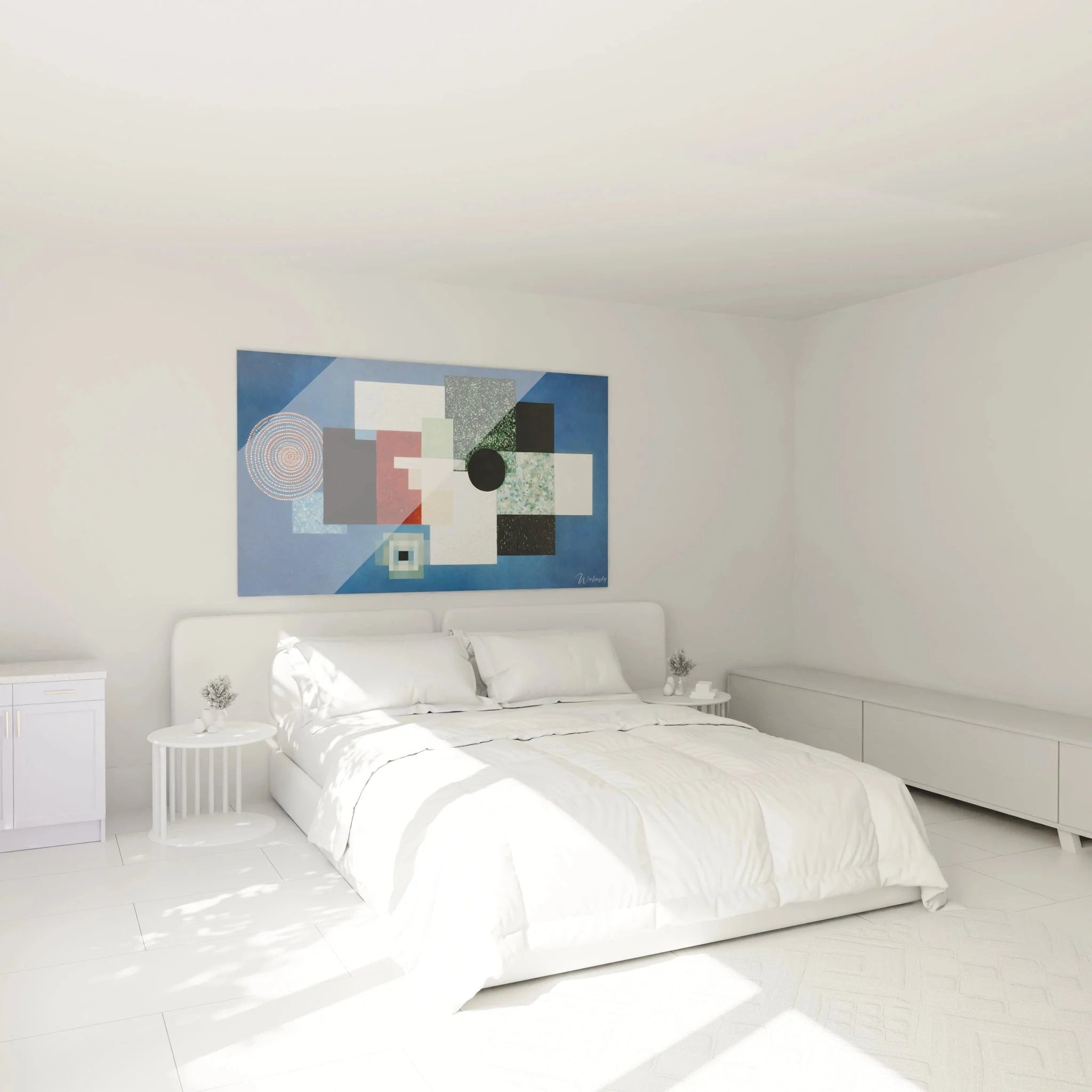 Konstruktivistisches Wandbild in Schlafzimmer Ambiente - geometrische Wanddekoration in Wohnraum