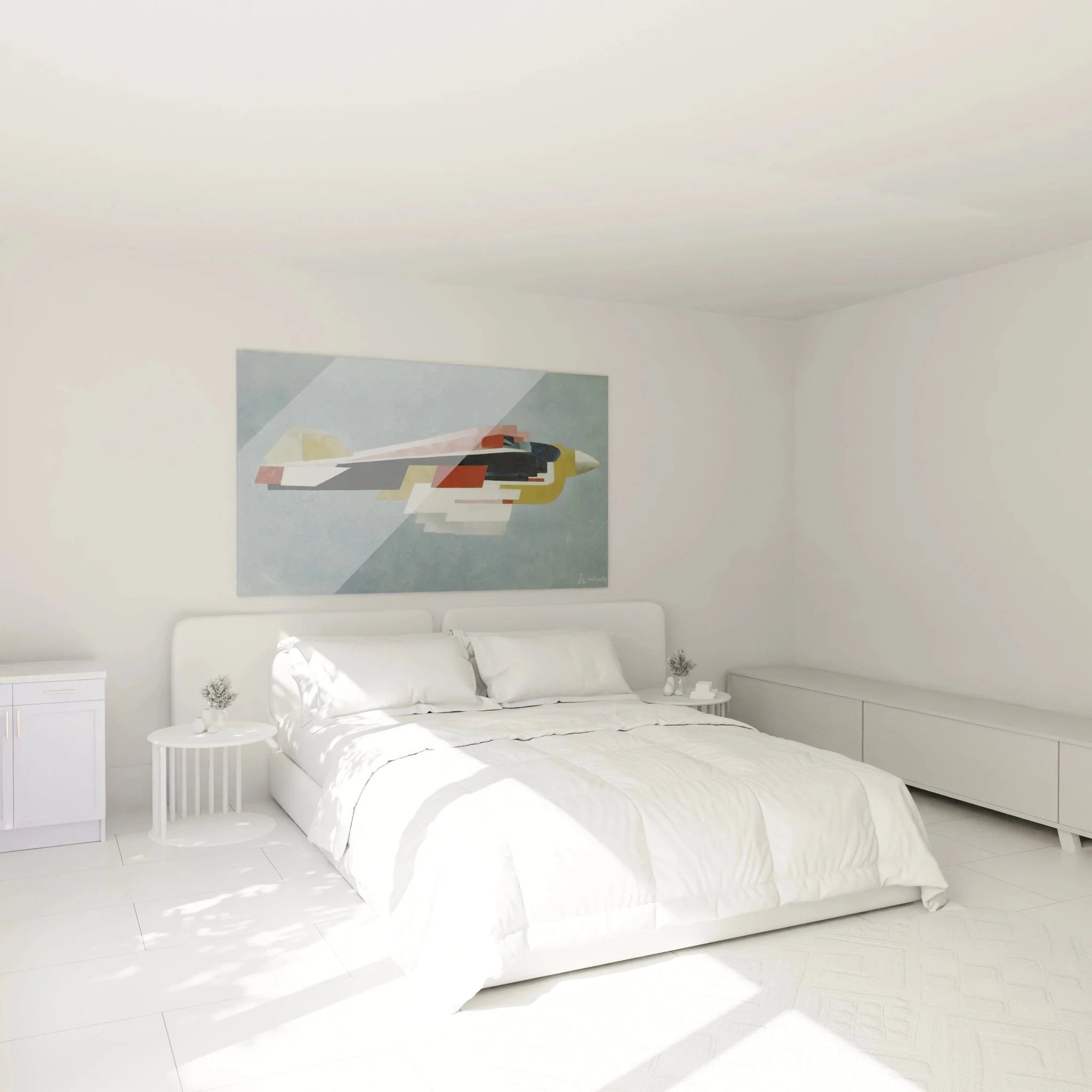 Konstruktivistisches Wandbild XXL in modernem Schlafzimmer mit geometrischer Abstraktion