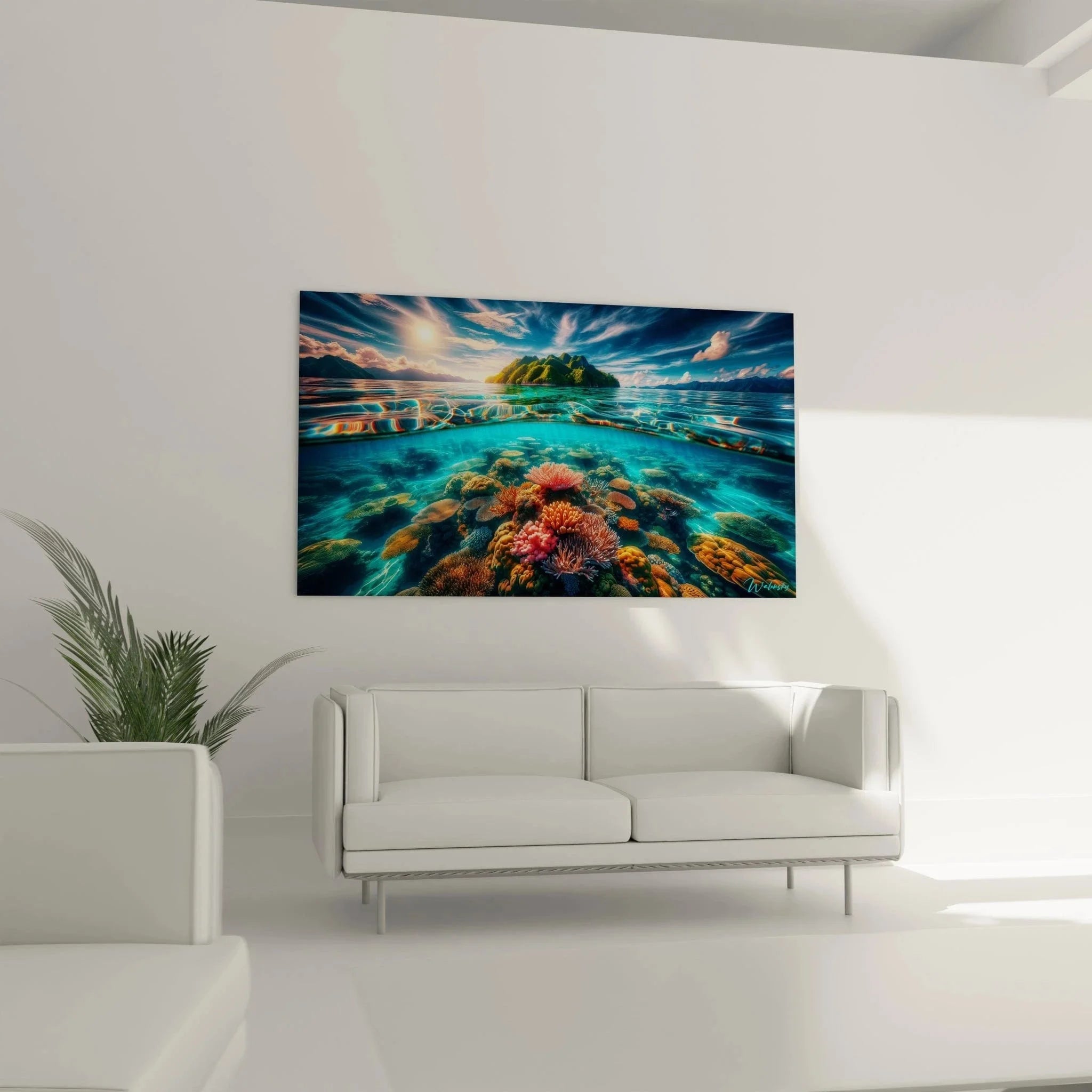 Detailansicht bunter Korallen - Nahaufnahme des Unterwasser Wandbildes mit lebendigen Farben