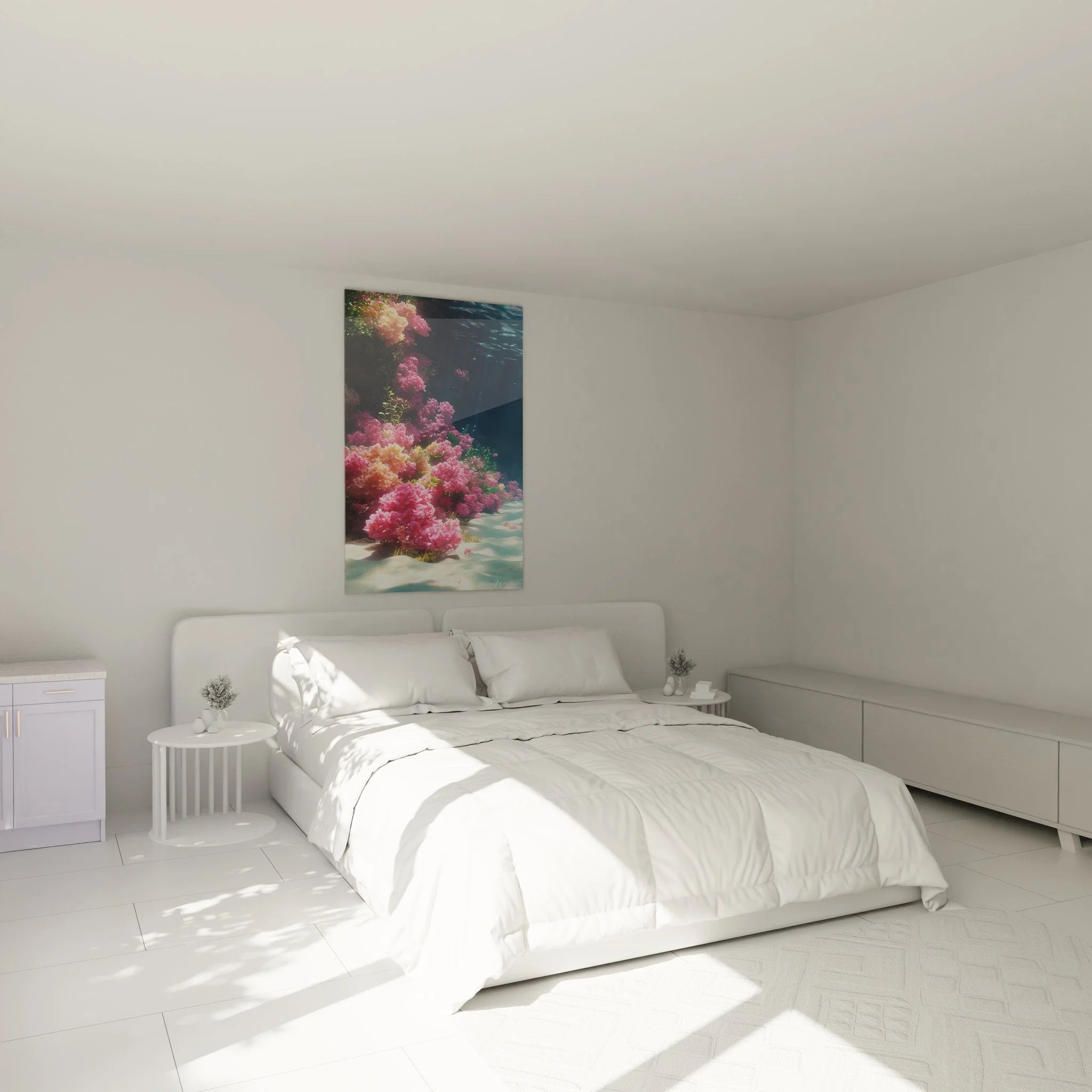Korallengarten Wandbild in modernem Schlafzimmer - Meereslandschaft Wanddeko in Rosa und Türkis