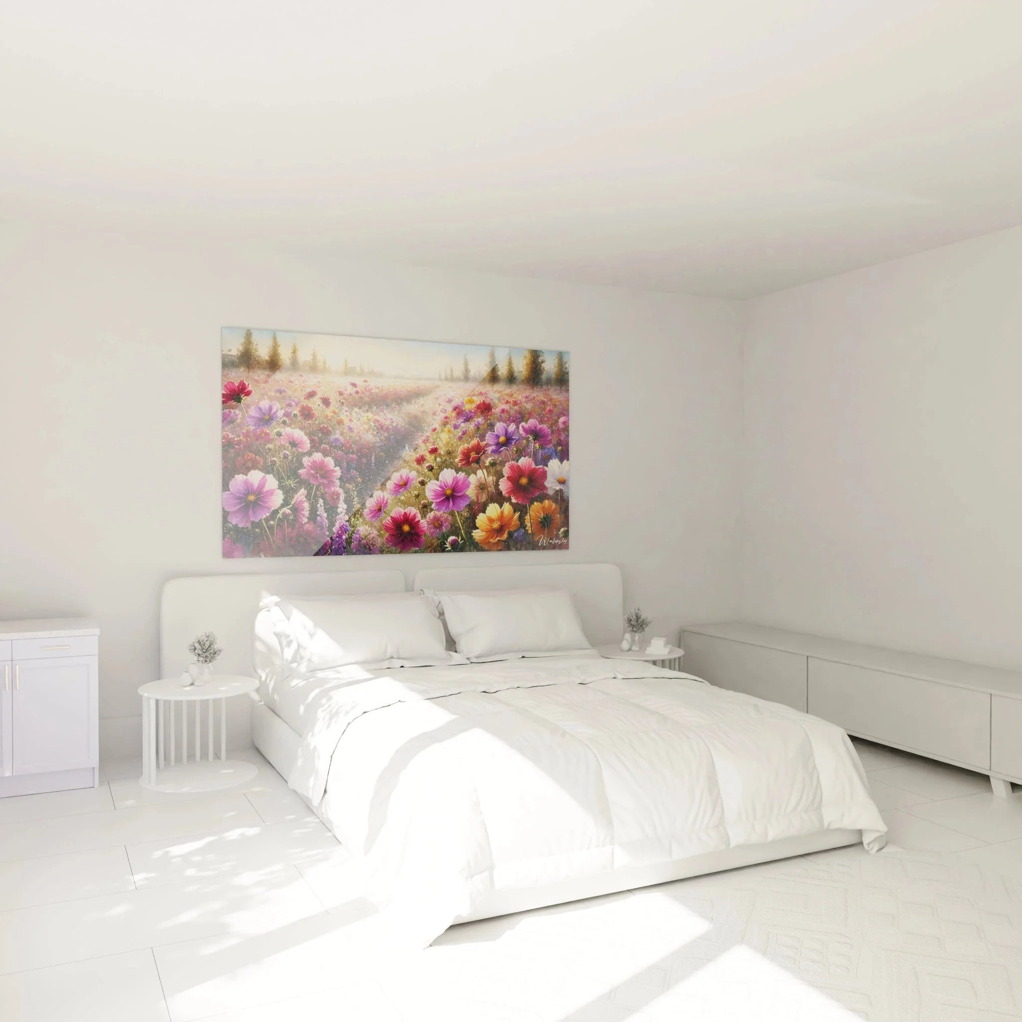 Kosmos Blumenwiese Wandbild im Schlafzimmer, romantische Blütenpracht als Wanddekoration
