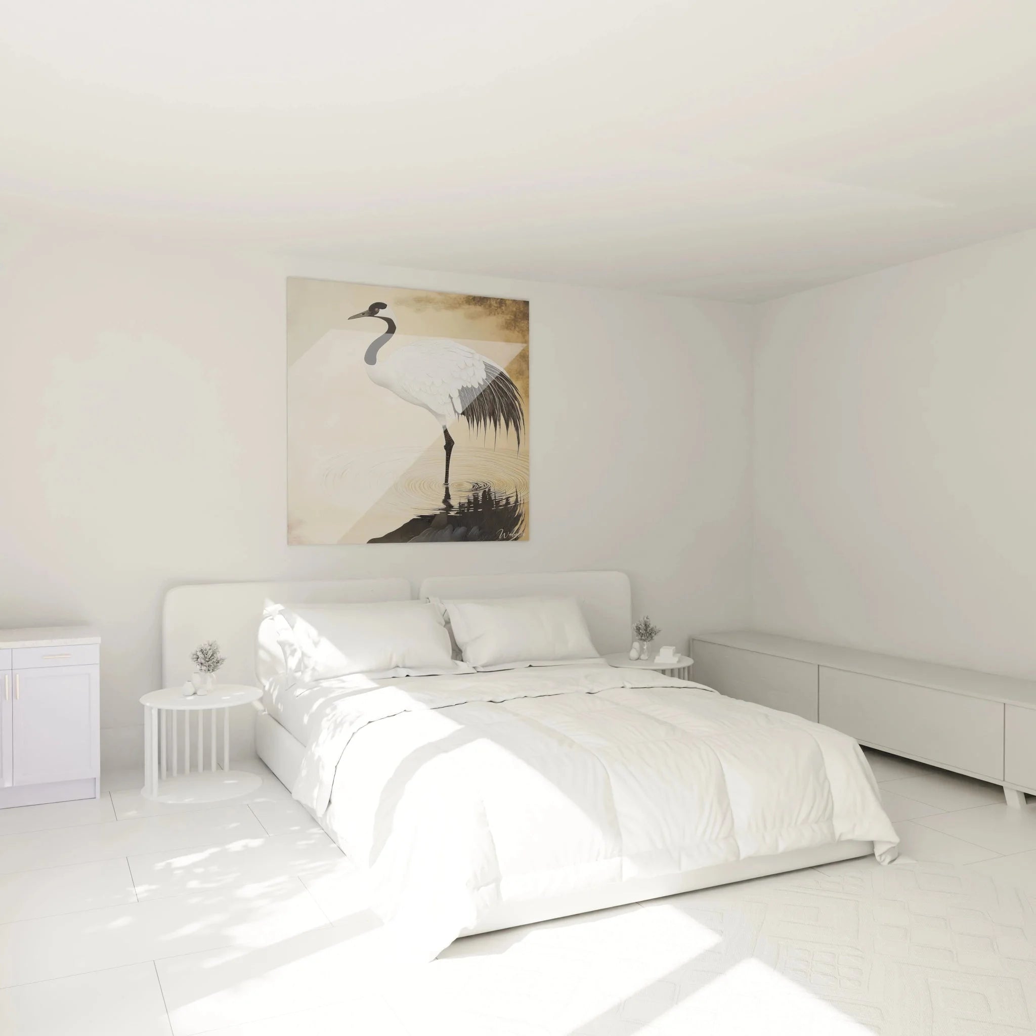 Kranich Wandbild XXL in Schlafzimmer Ambiente - beruhigende Natur Wandkunst mit Wasserspiegelung