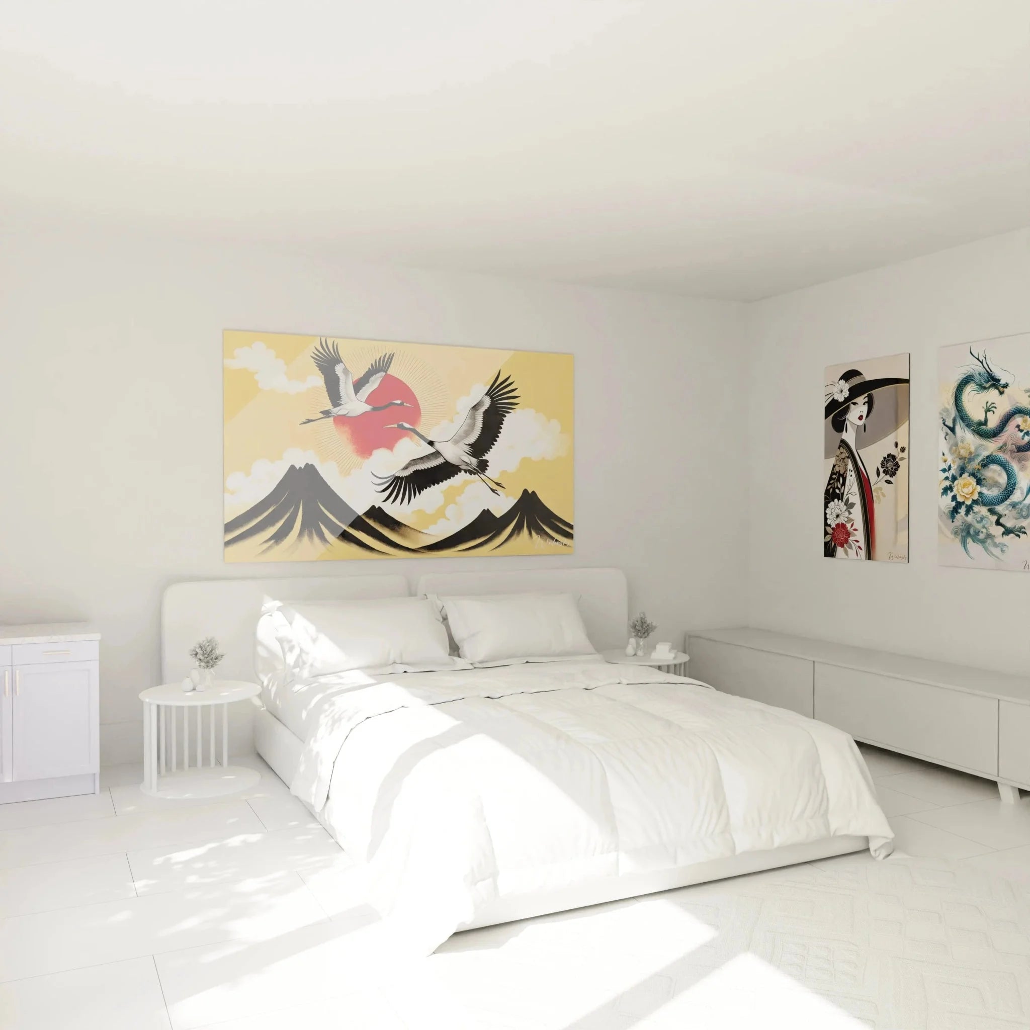 Elegantes Kraniche Wandbild im Schlafzimmer - japanische Wanddekoration für harmonische Raumgestaltung