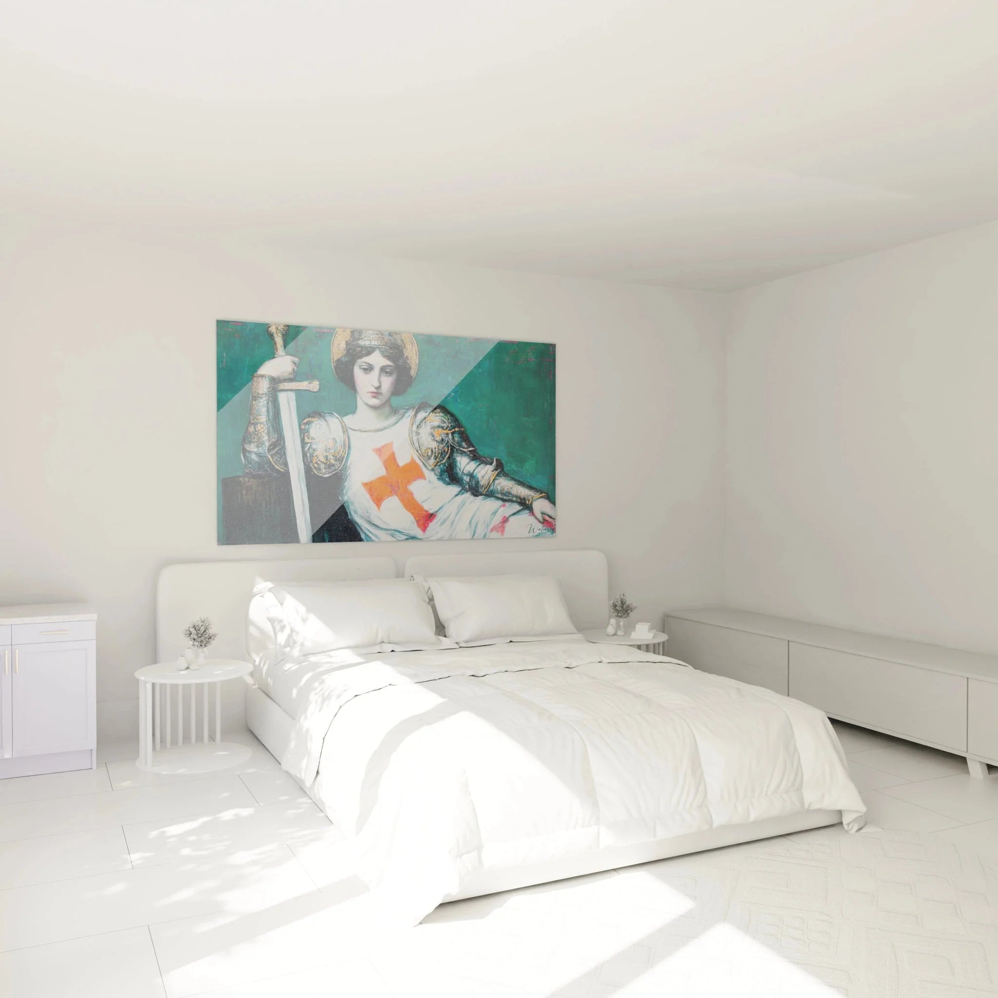 Kreuzritter Wandbild XXL als Schlafzimmer Dekoration, präraffaelitische Ritterdarstellung an der Wand