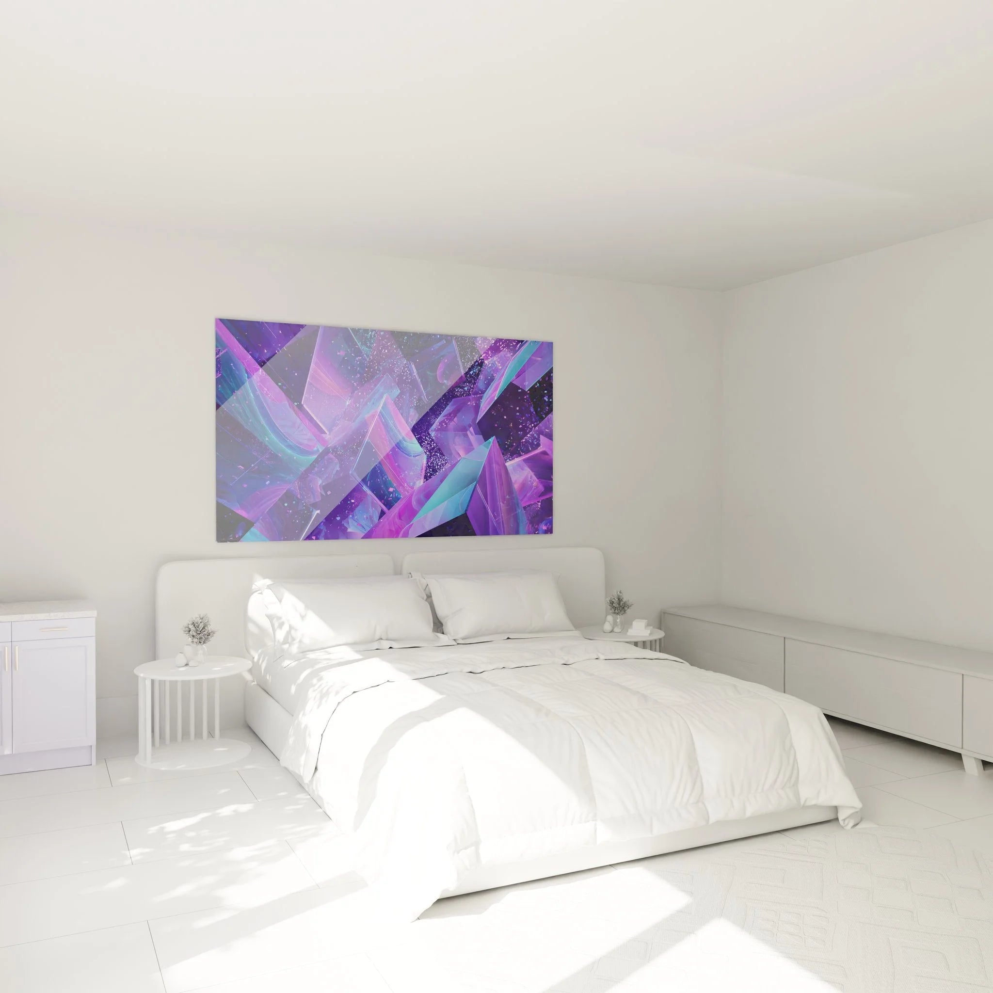 Violettes Kristall Wandbild XXL in modernem Schlafzimmer als stilvolle Wanddekoration
