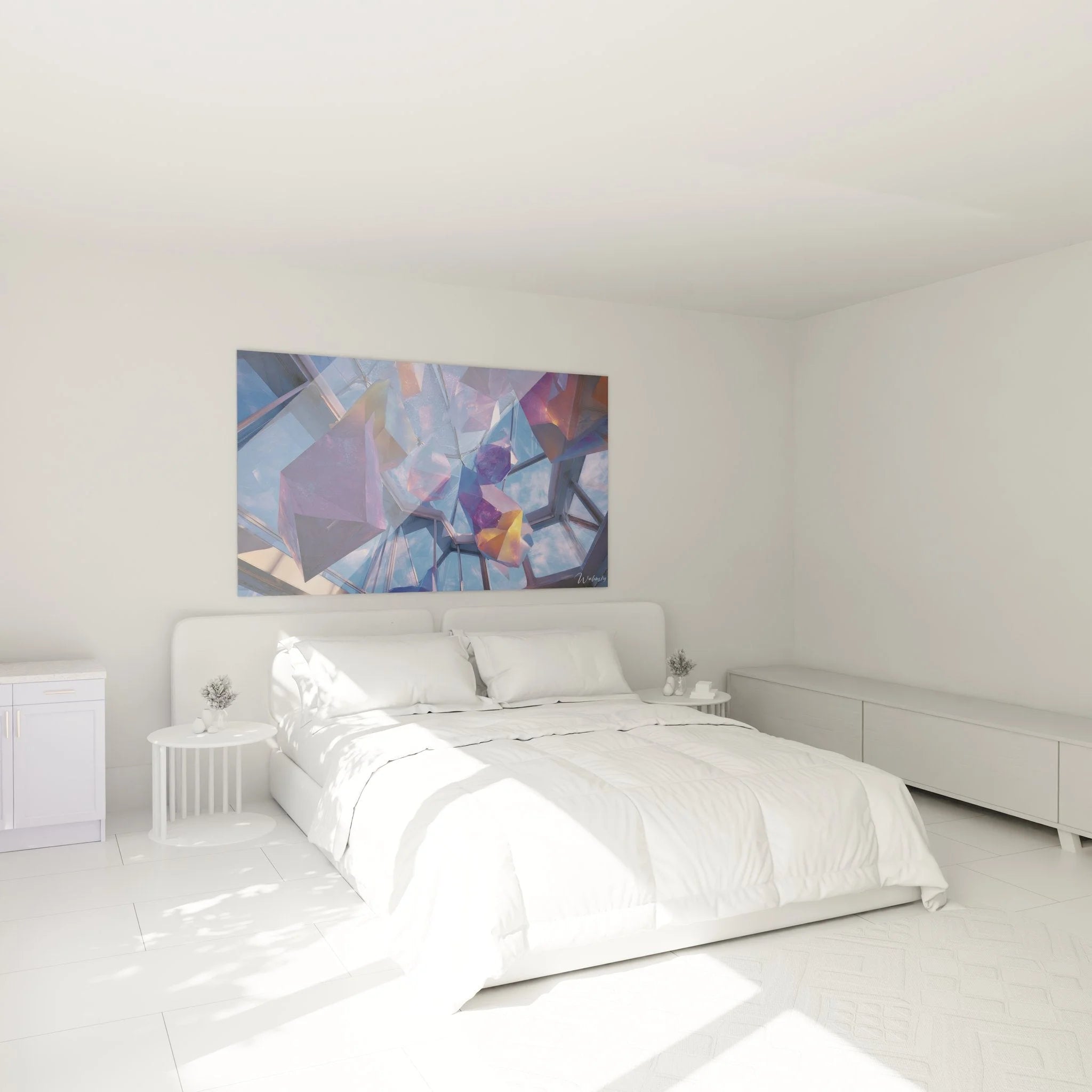 Kristallprismen Wandbild im Schlafzimmer - moderne Architektur Wandkunst in blauen Tönen