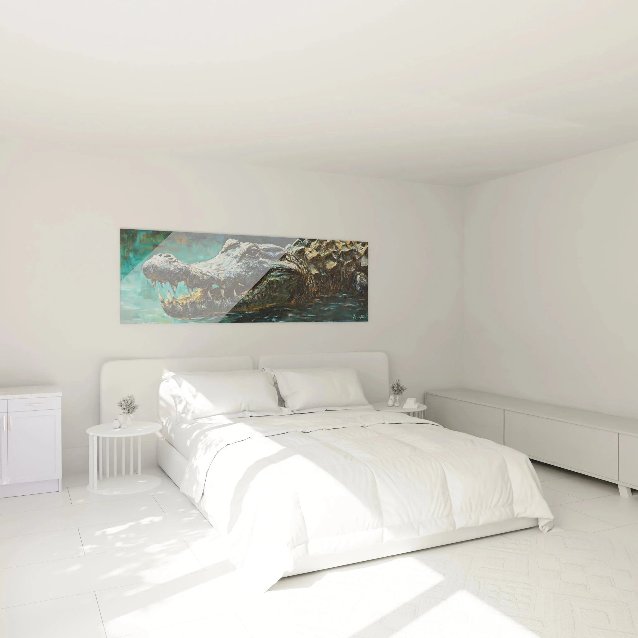 Krokodil Wandbild in modernem Schlafzimmer, Alligator Kunstdruck als elegante Wanddekoration