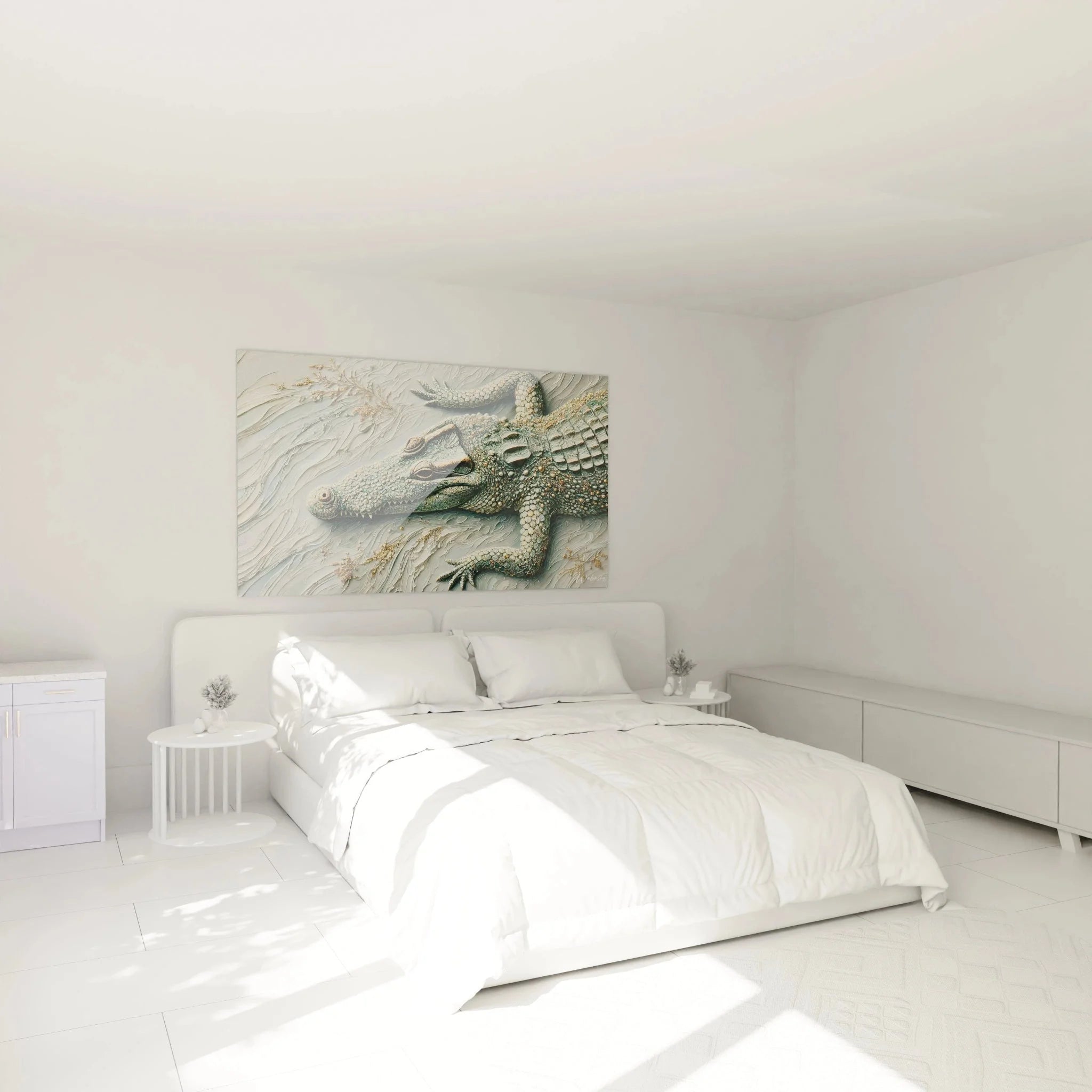 Krokodil Wandbild XXL in modernem Schlafzimmer - stilvolle Wanddekoration mit Relief-Optik