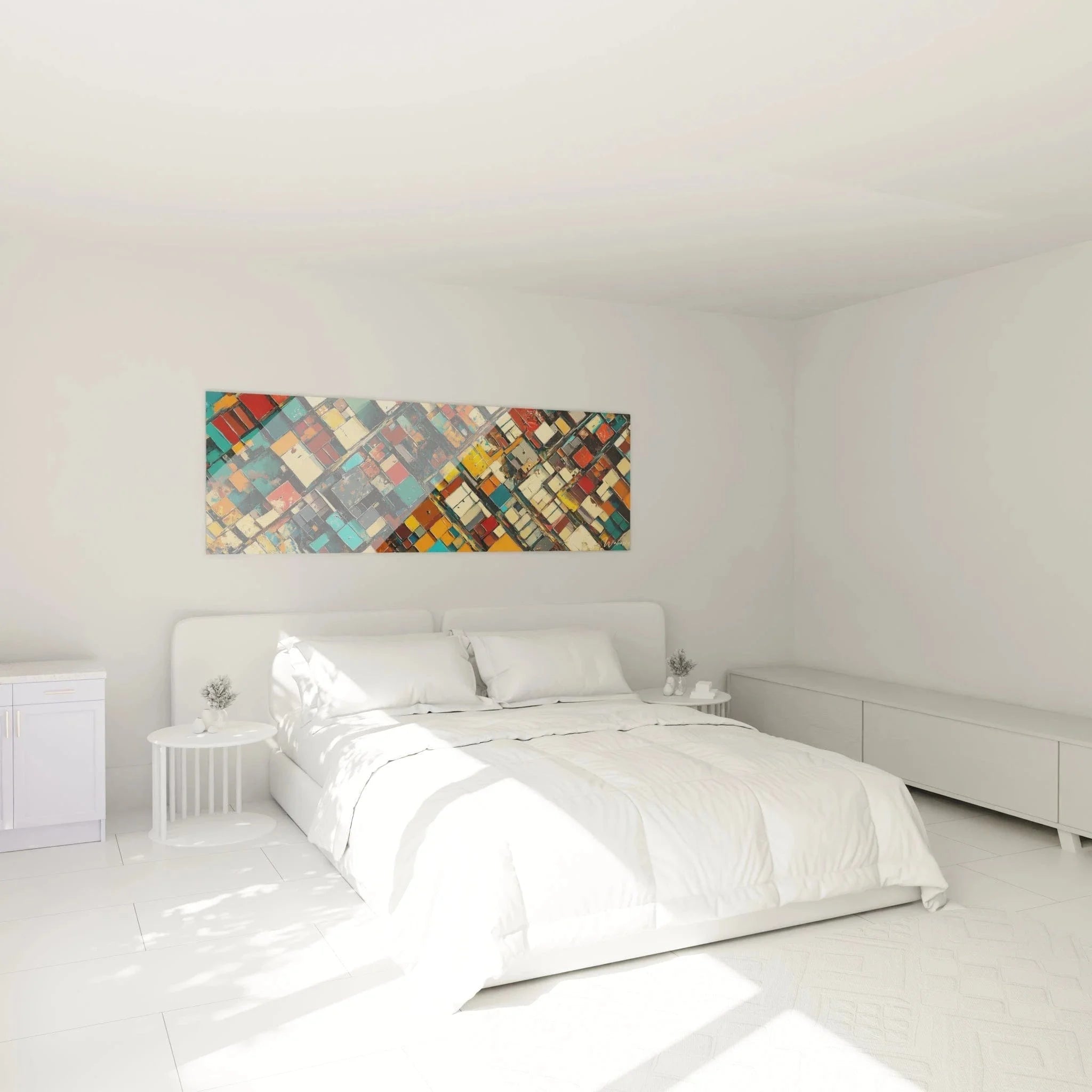 Wandbild abstrakte Geometrie in Schlafzimmer-Ambiente, kubistische Wanddekoration mit farbigen Quadraten