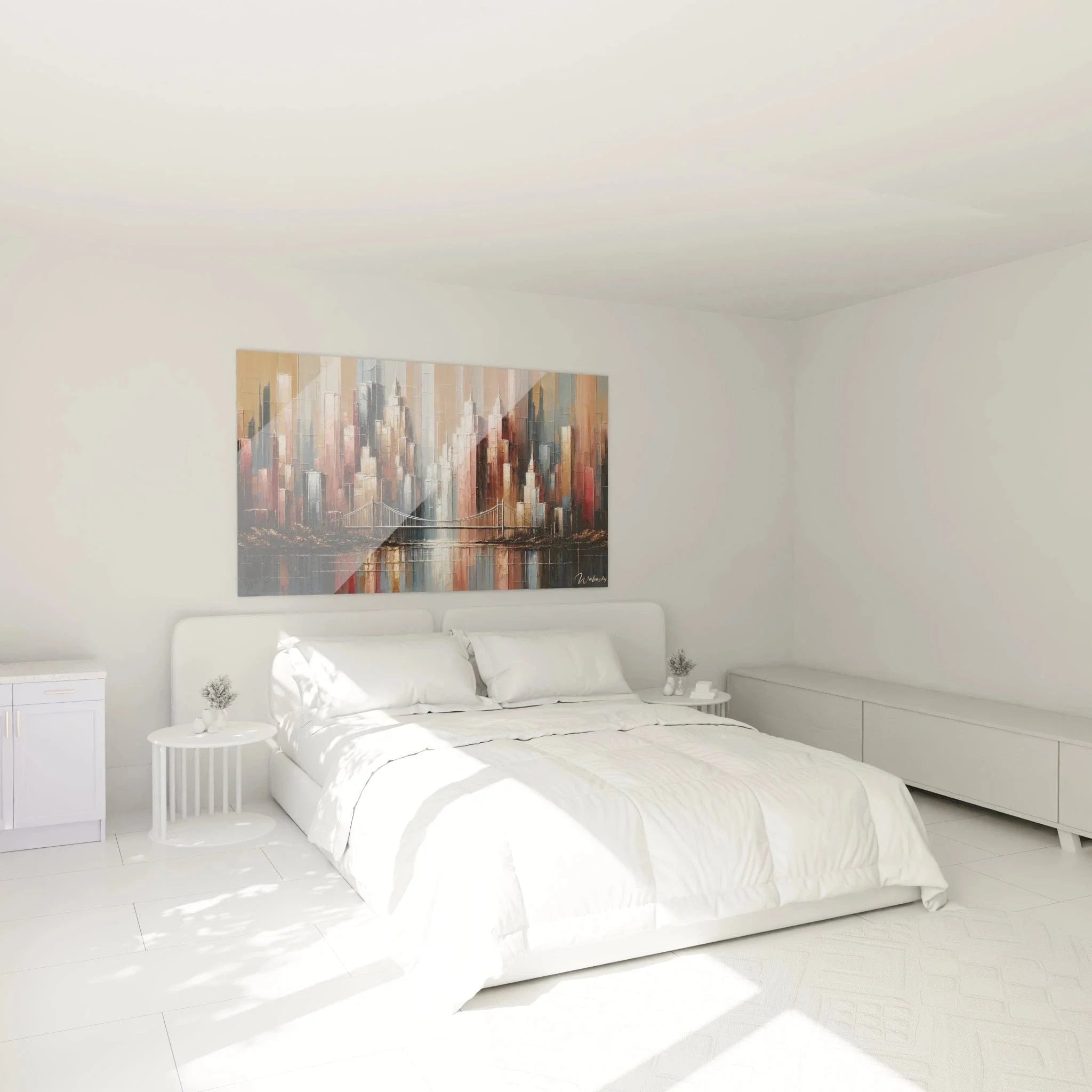 Wandbild kubistische Skyline als elegante Schlafzimmer Wanddekoration über dem Bett