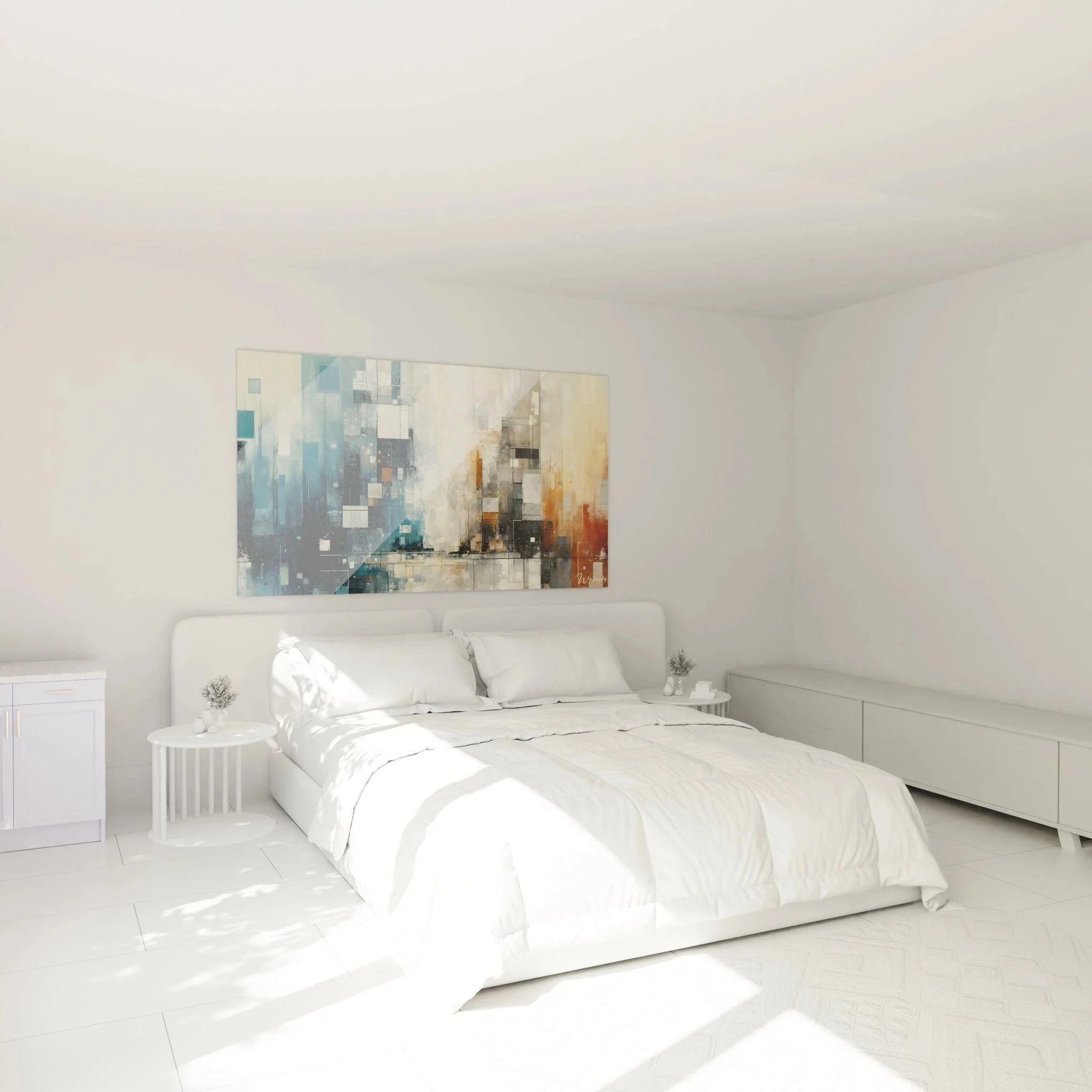 Kubistisches Wandbild XXL in modernem Schlafzimmer mit geometrischen Fragmenten