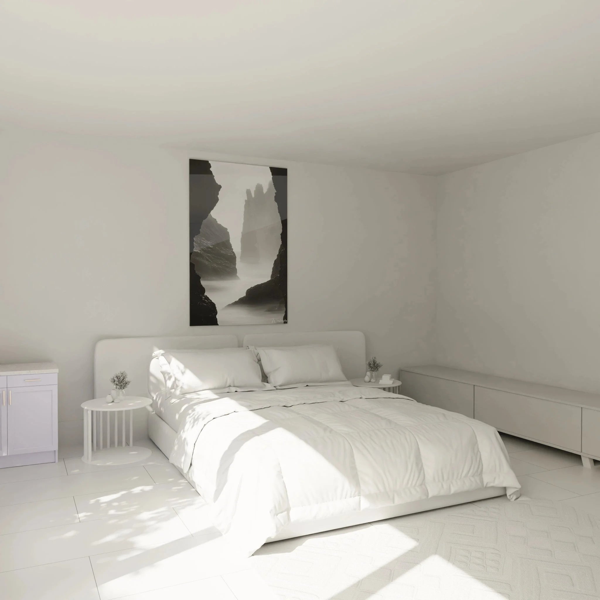 Küstenfelsen Wandbild XXL in elegantem Schlafzimmer als stilvoller Wandschmuck