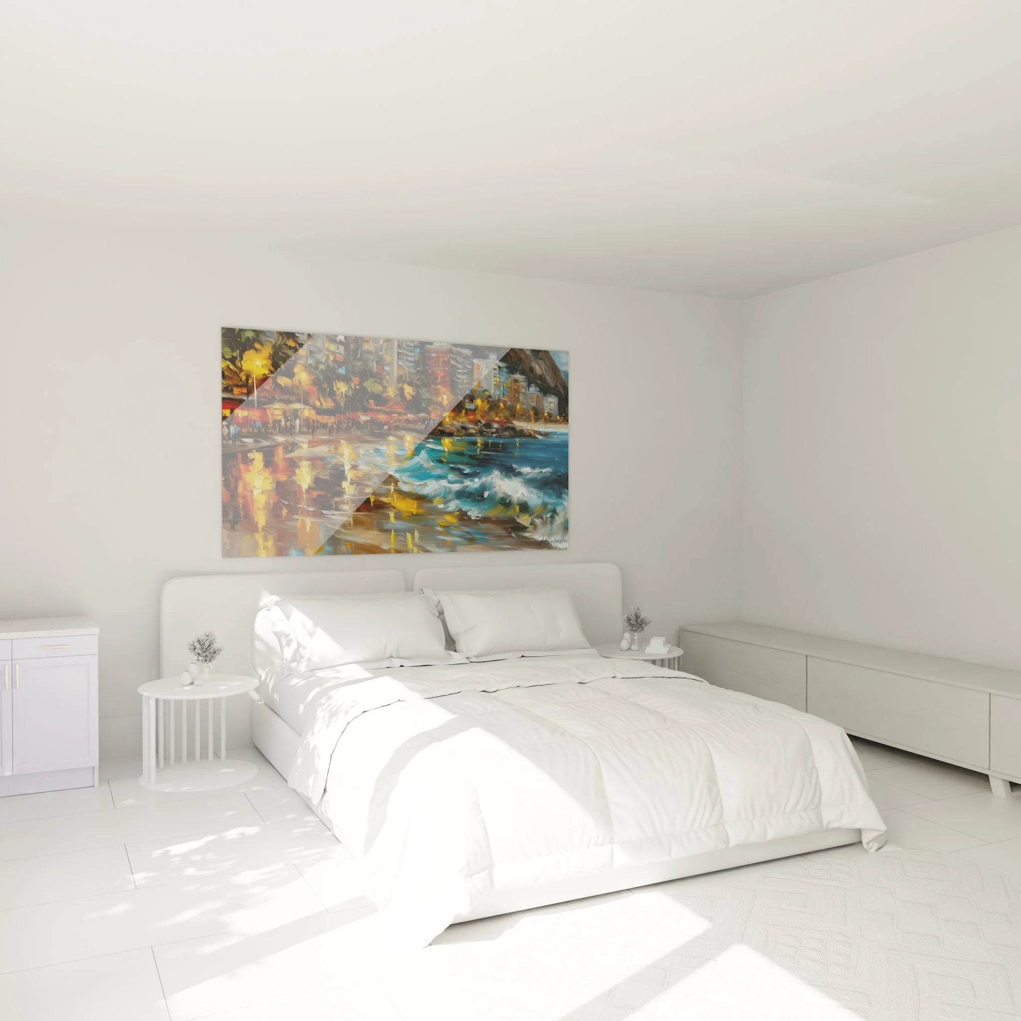 Küstenstadt Wandbild XXL im modernen Schlafzimmer über dem Bett montiert