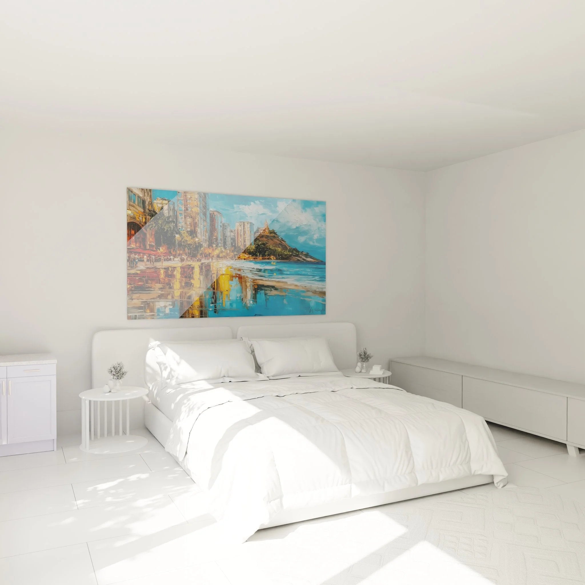 Küstenstadt Wandbild in modernem Schlafzimmer, maritime Strandkunst als Wanddeko