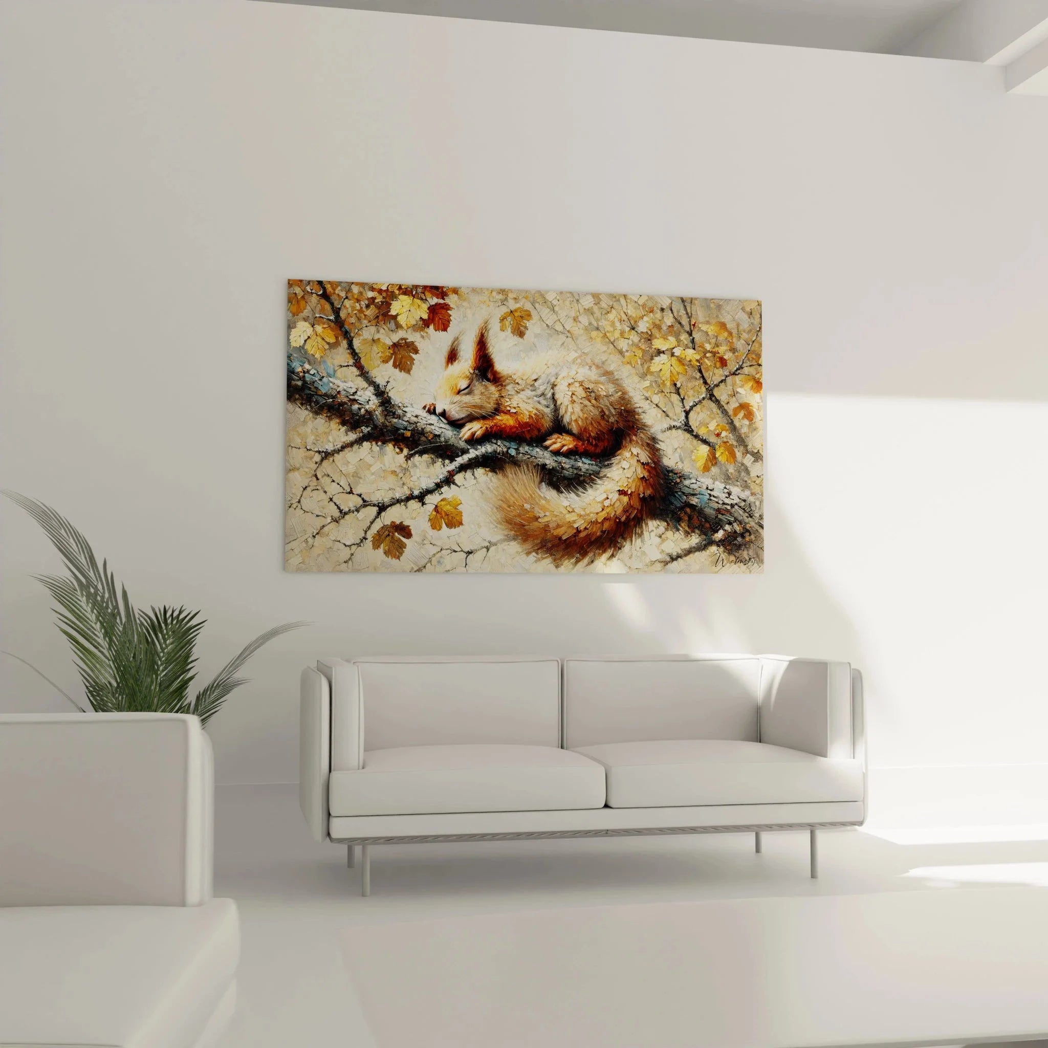 Detailansicht Kunstdruck Eichhörnchen mit flauschigem Fell und Herbstblättern