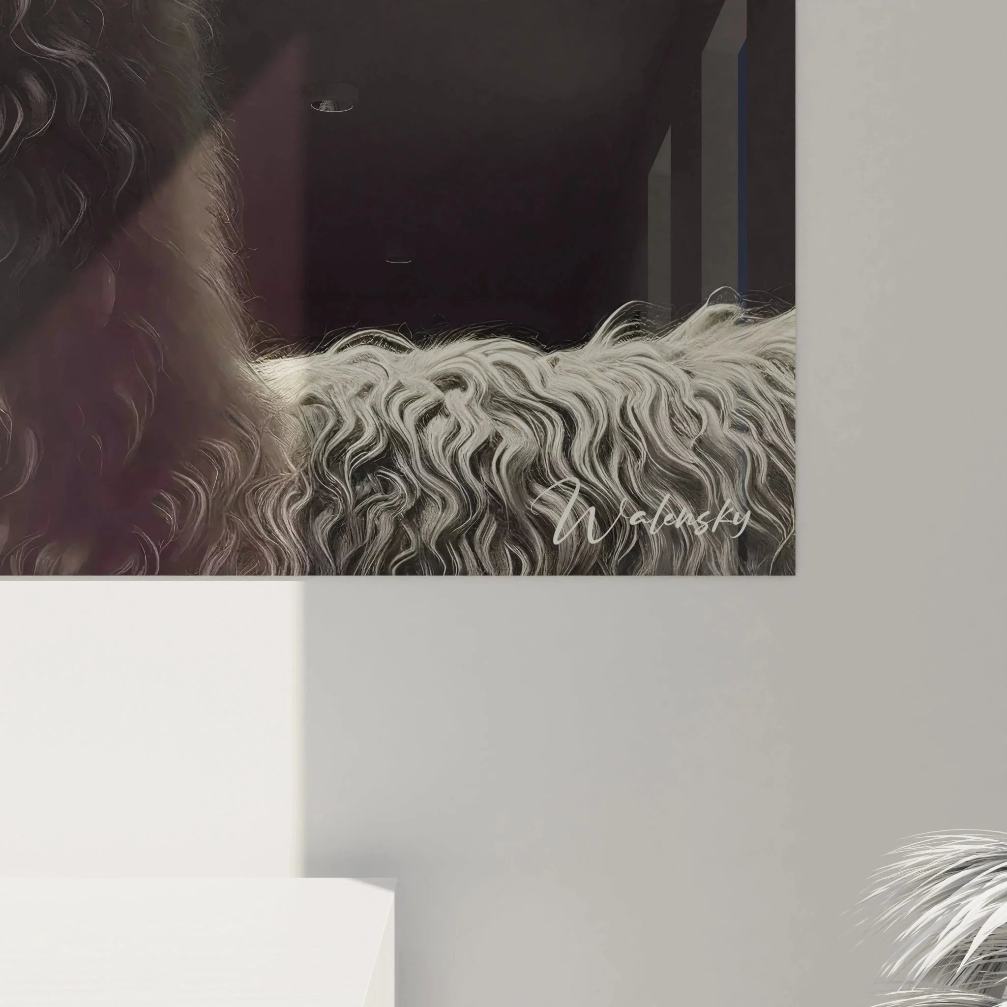 Komplettansicht Lama Leinwandbild, hochwertiges Tierportrait in schwarz-weiß für Wohnräume