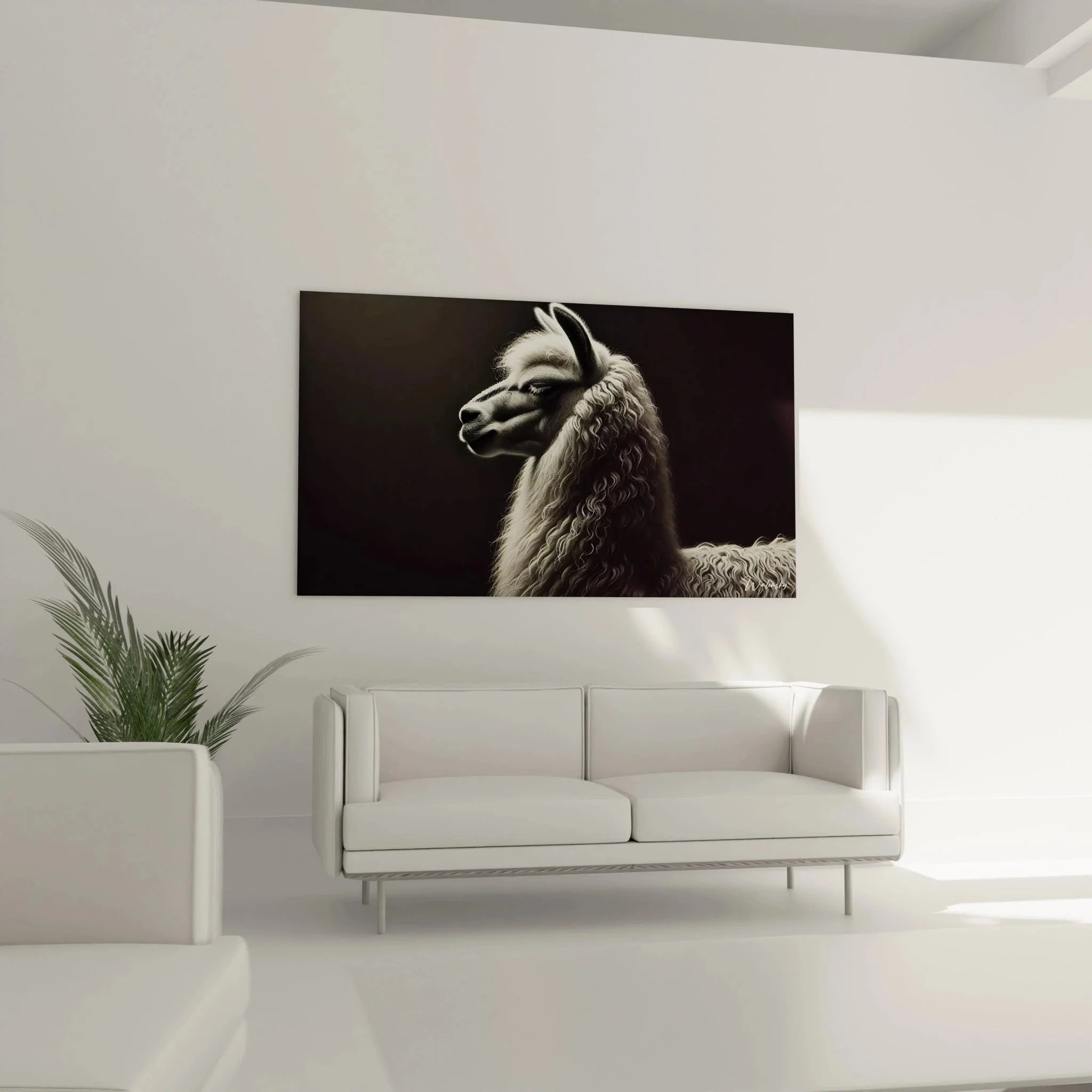 Detailansicht Lama Porträt Wandbild, kunstvolle Darstellung von Fell und Gesichtszügen