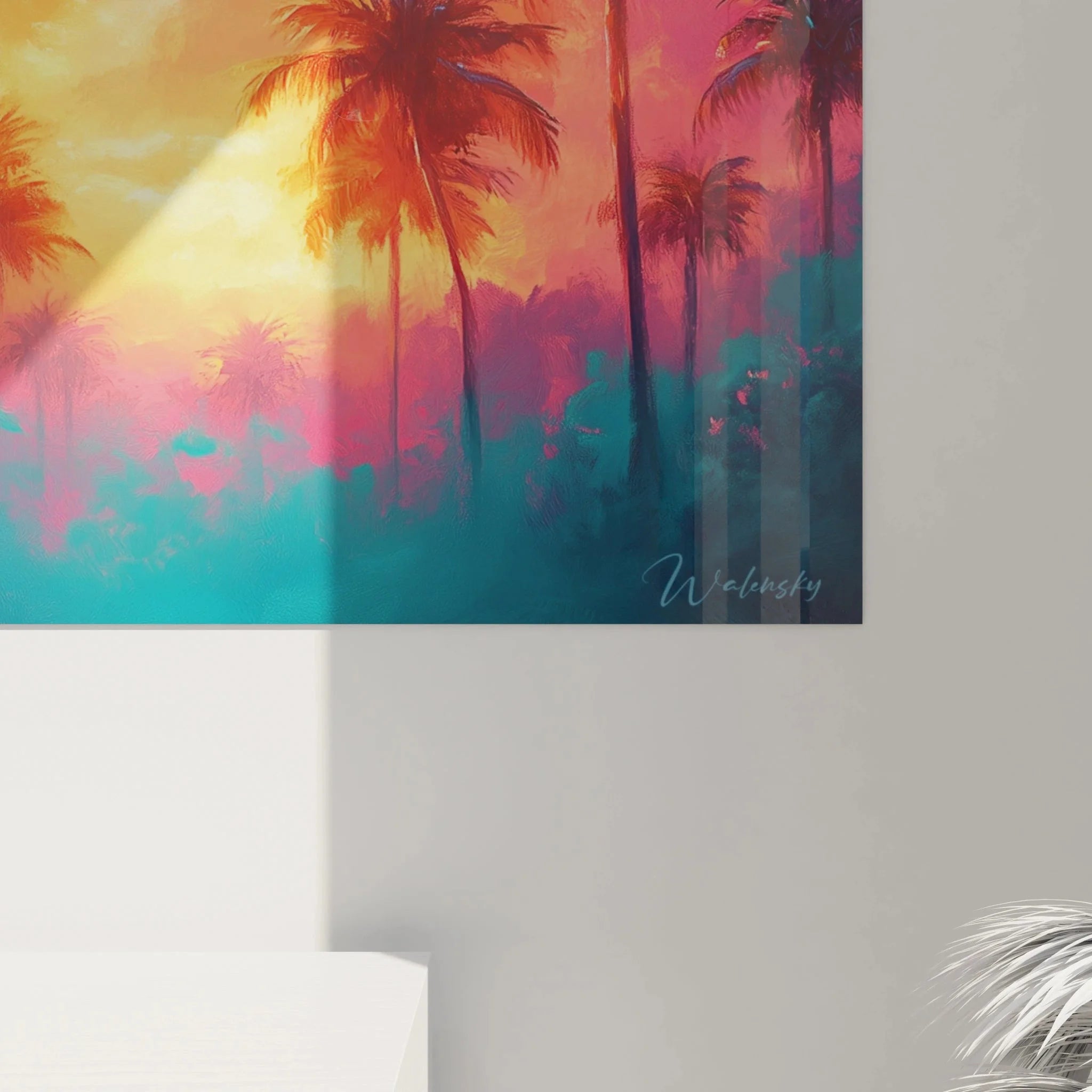 Gesamtansicht tropisches Wandbild Palmen Sonnenuntergang als moderne Landschaftskunst