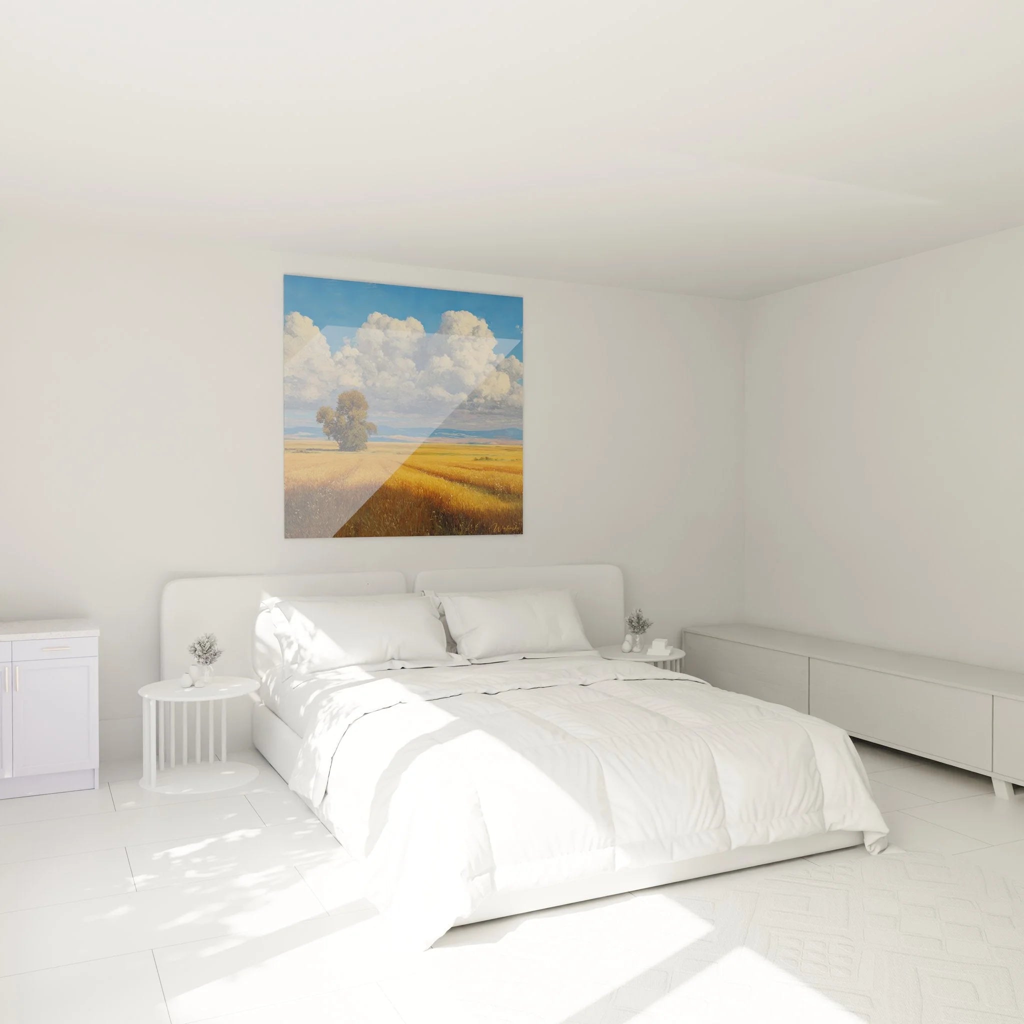 Landschaft Wandbild im Schlafzimmer - Getreidefeld mit majestätischem Baum als beruhigende Wanddekoration