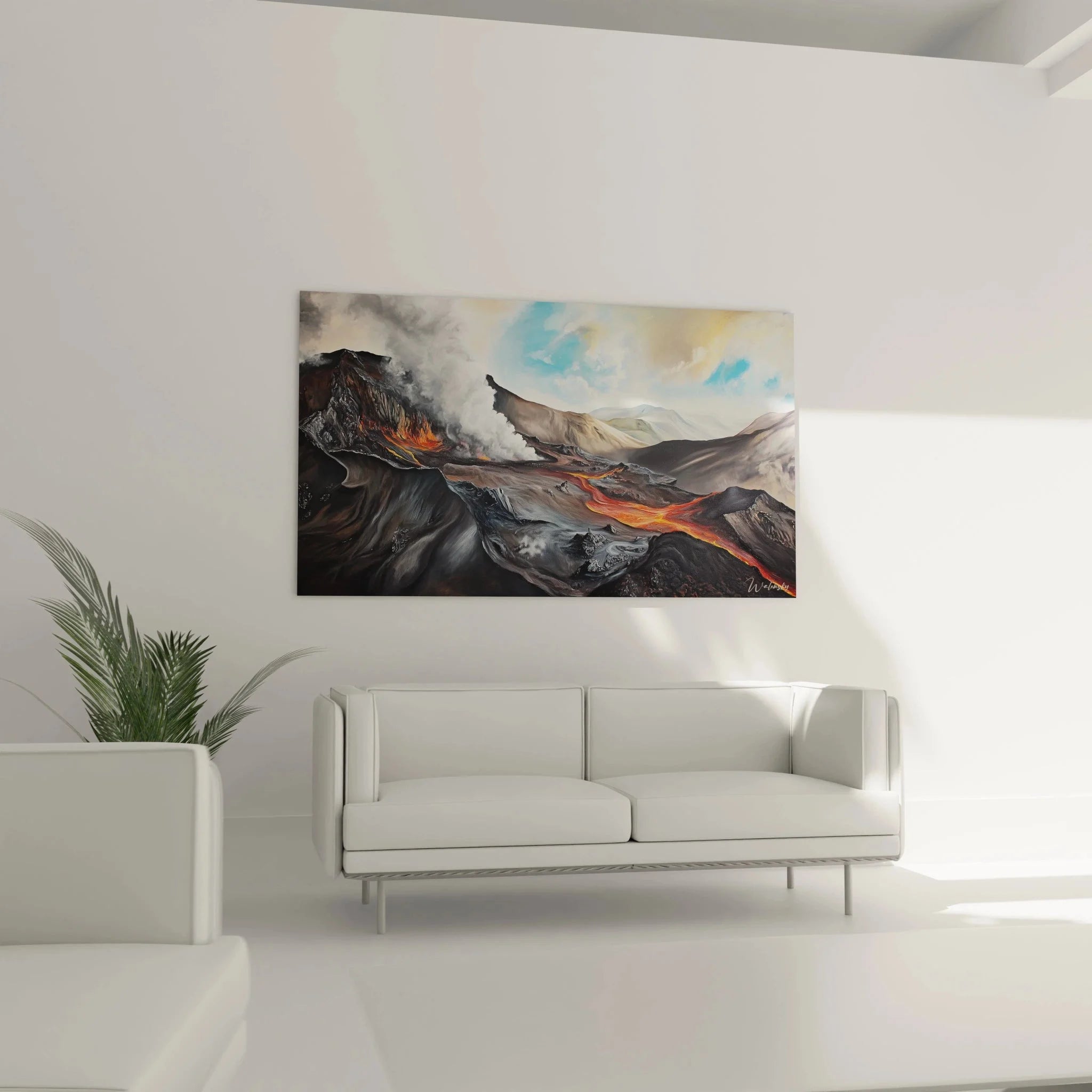 Nahaufnahme glühender Lavaströme und vulkanischer Gesteinsformationen im Detail der Wandkunst Vulkanlandschaft