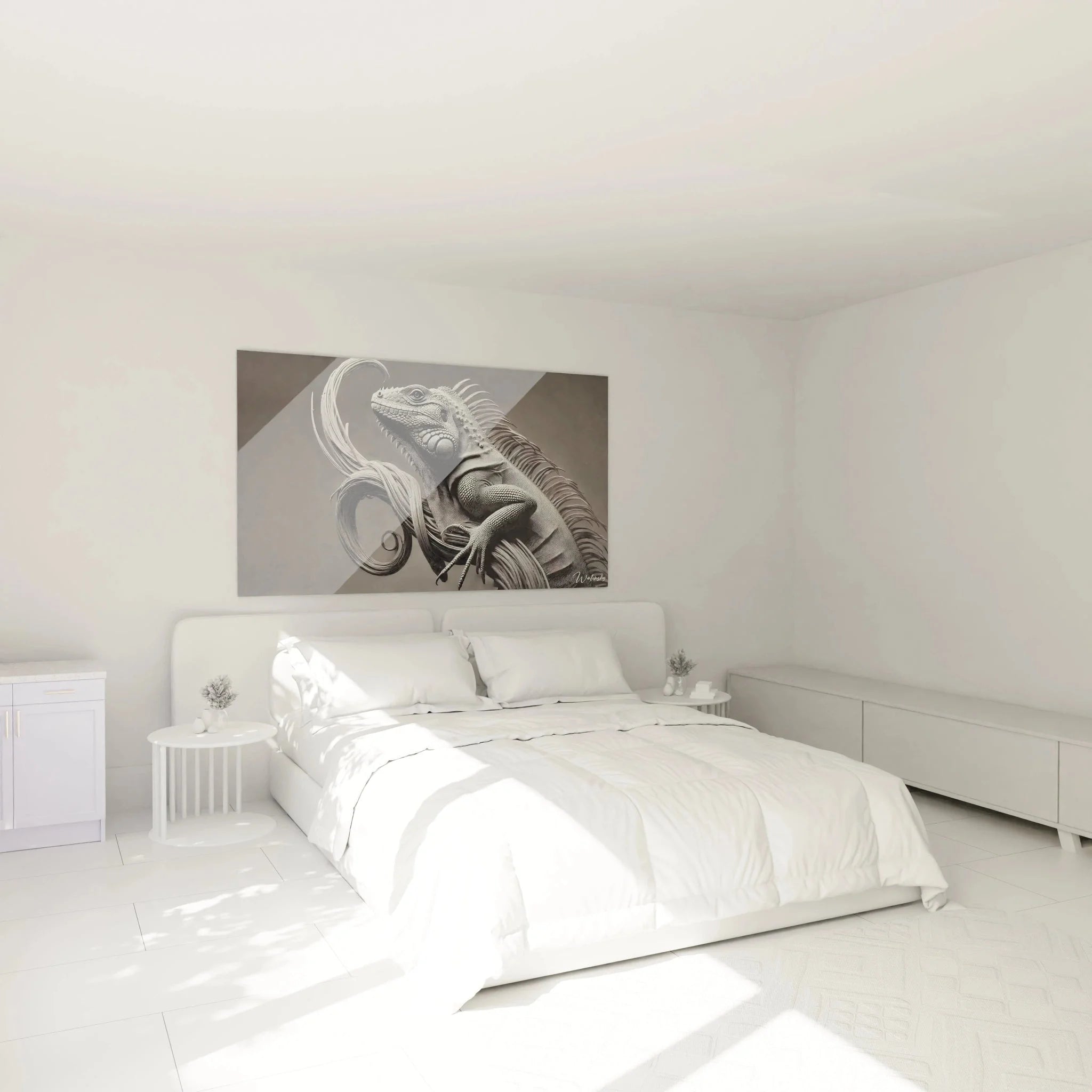 Leguan Wandbild als stilvolle Schlafzimmer Dekoration in monochromem Design