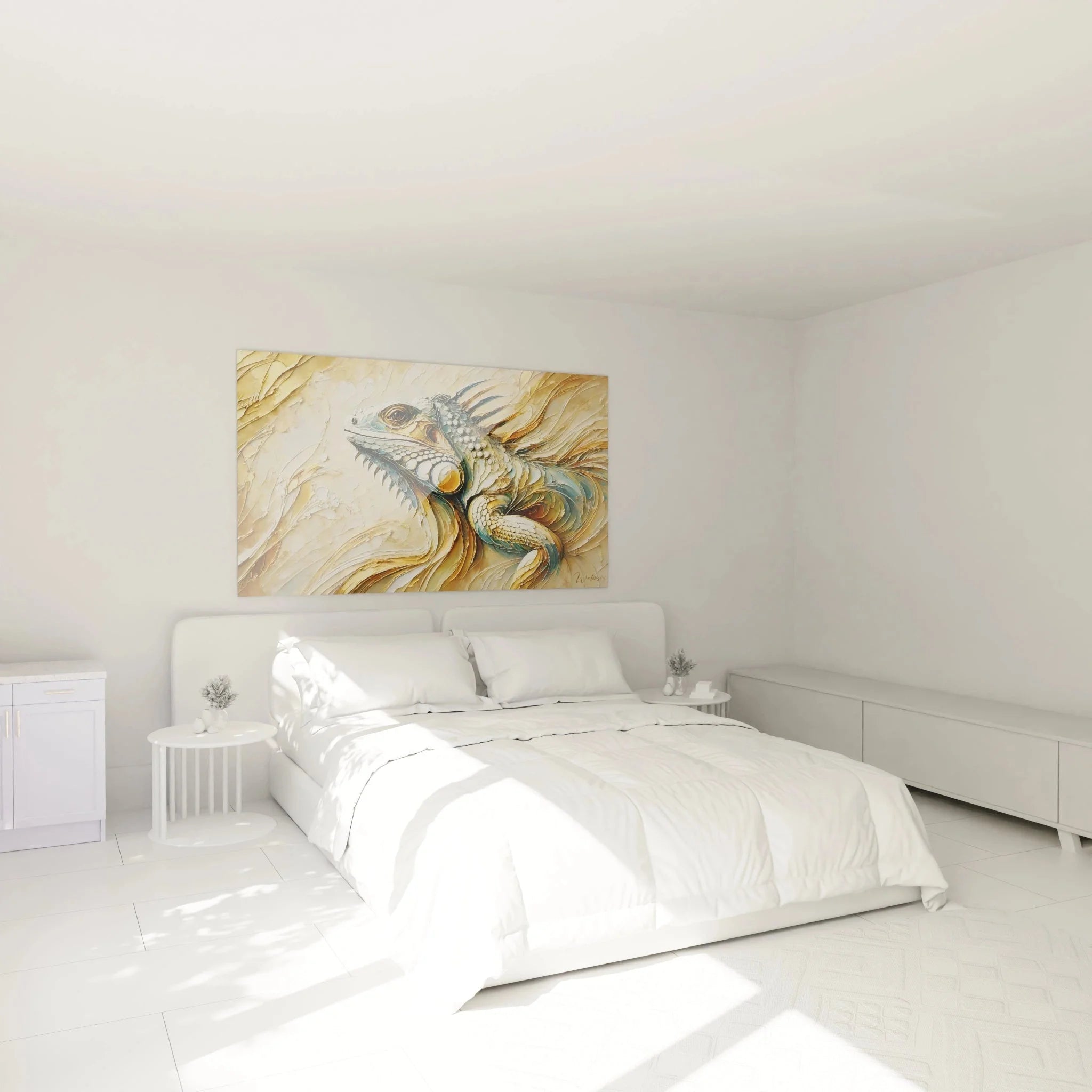 Leguan Wandbild als Wanddekoration im Schlafzimmer - tropische Reptilien Kunst