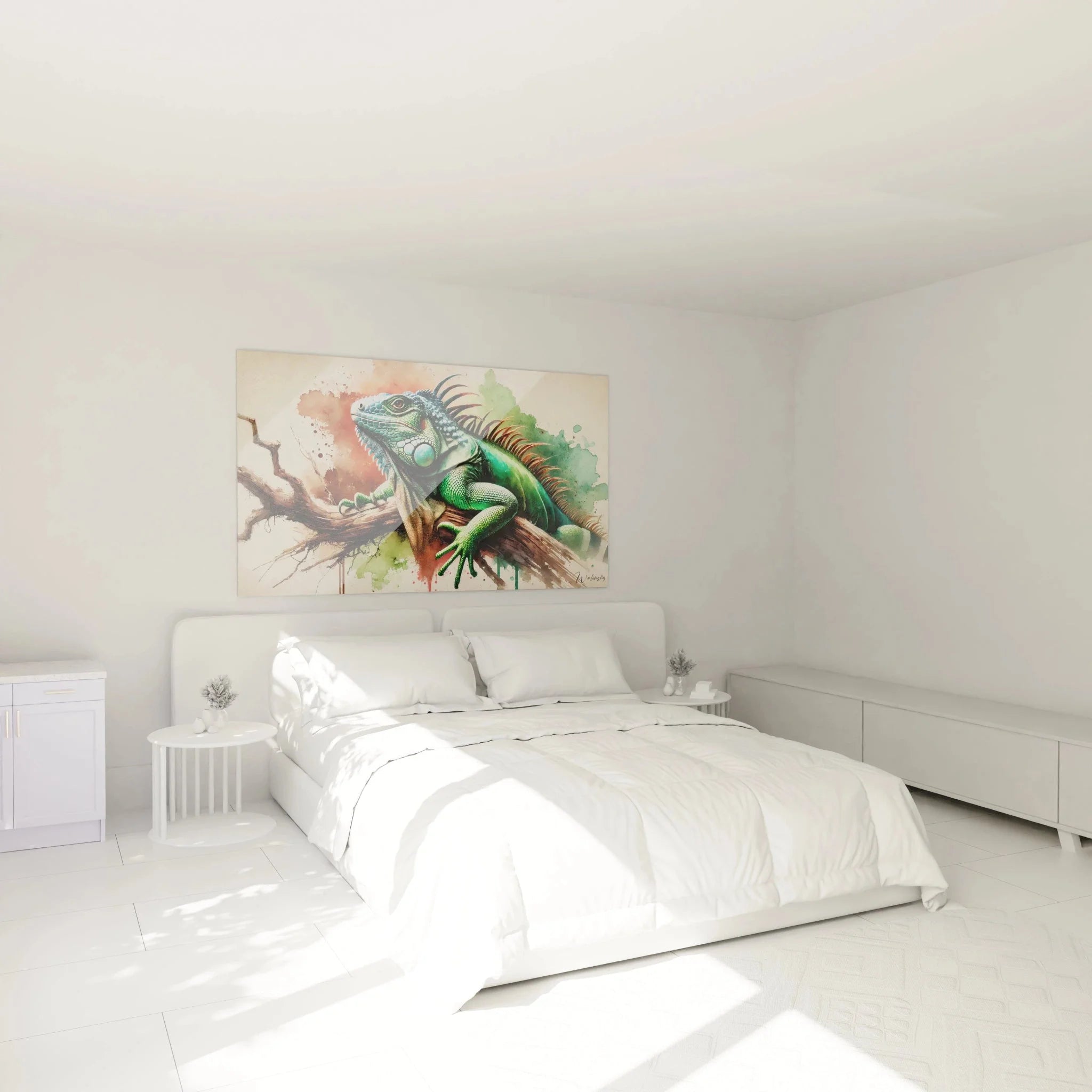 Leguan Wandbild im Schlafzimmer - Reptilien Kunstdruck als stilvolle Wanddekoration über dem Bett