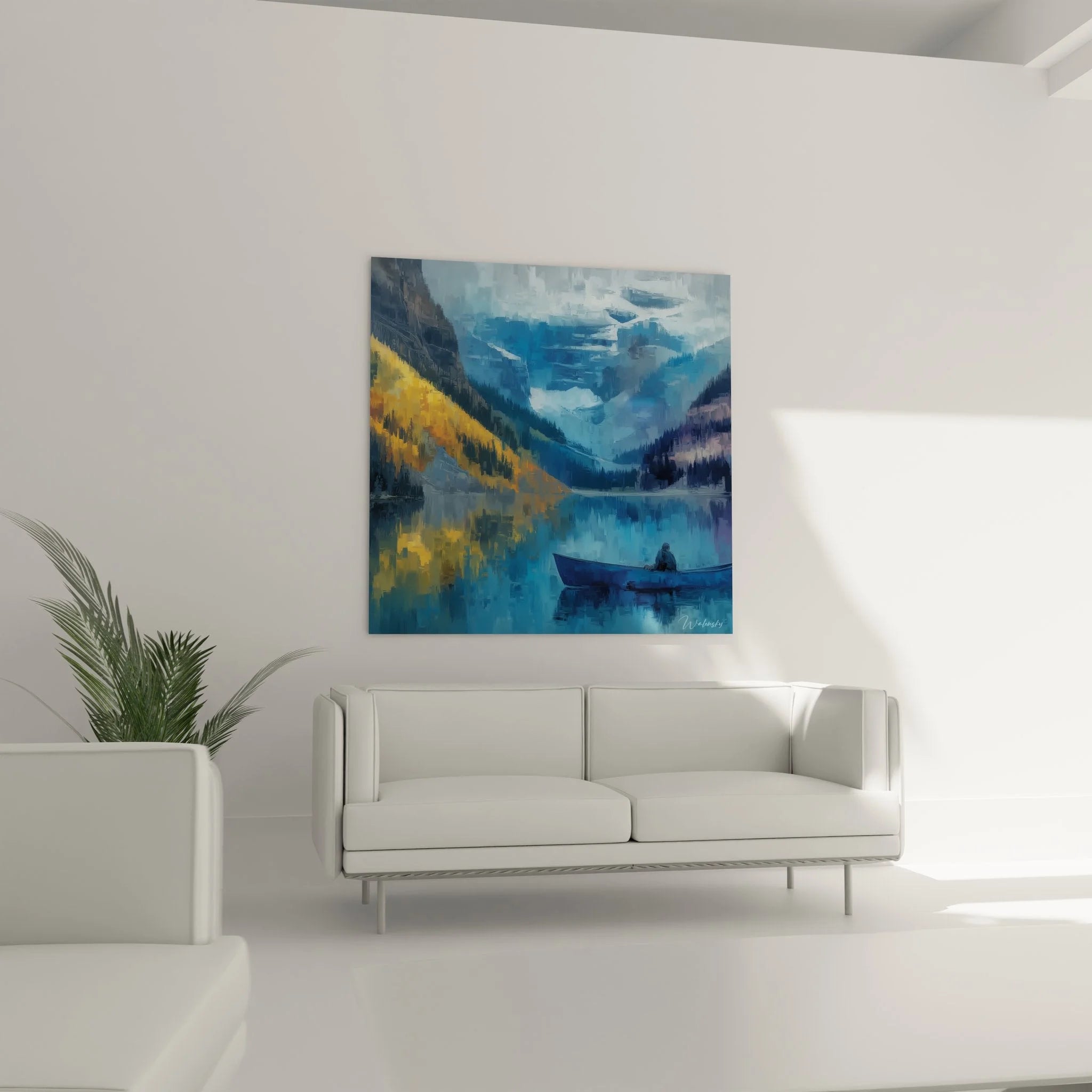 Detailansicht Leinwandbild Bergsee, Ruderboot und Herbstspiegelungen im Gebirgswasser