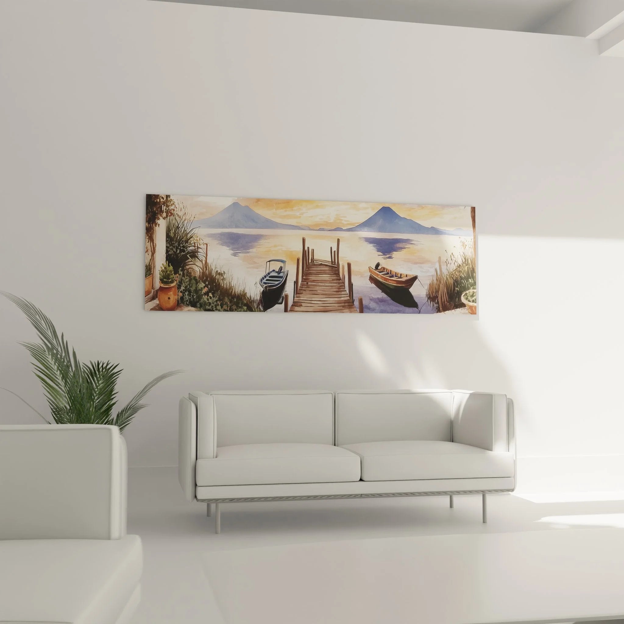 Detailansicht Leinwandbild Bootsteg mit Ruderbooten, warme Sonnenuntergang-Farben