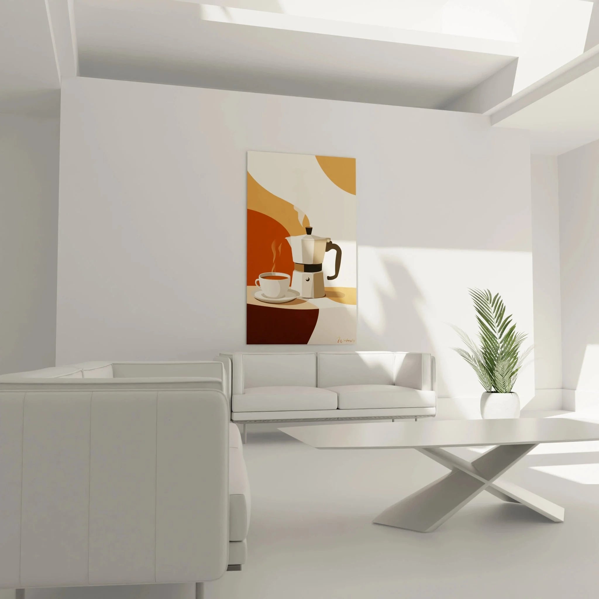 Detailansicht Leinwandbild italienischer Espressokocher mit aufsteigendem Dampf