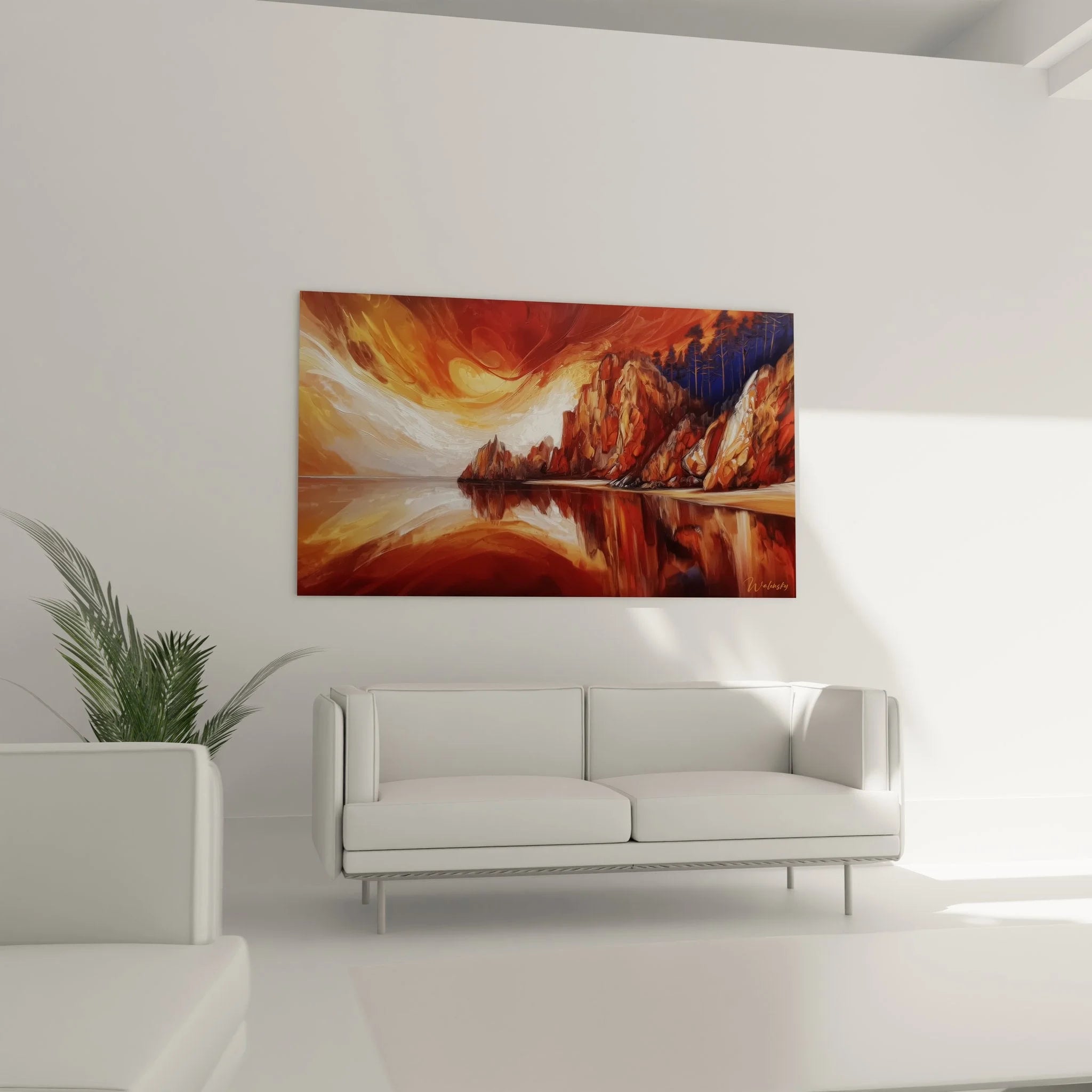 Detailaufnahme Leinwandbild zeigt Felsklippen mit warmen Erdtönen und Spiegelung im Wasser