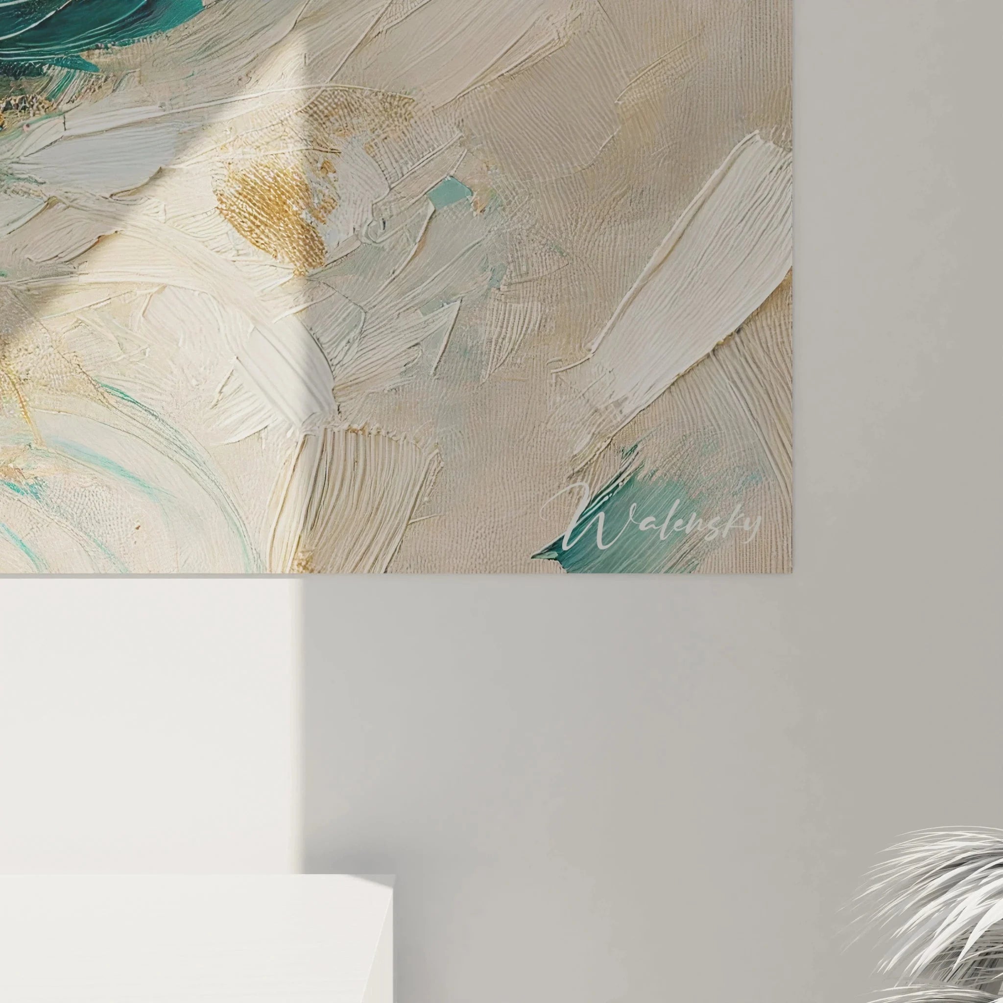 Leinwandbild Pfauenfeder Gesamtansicht abstrakt Aquarell Wandkunst türkis beige Farbharmonie