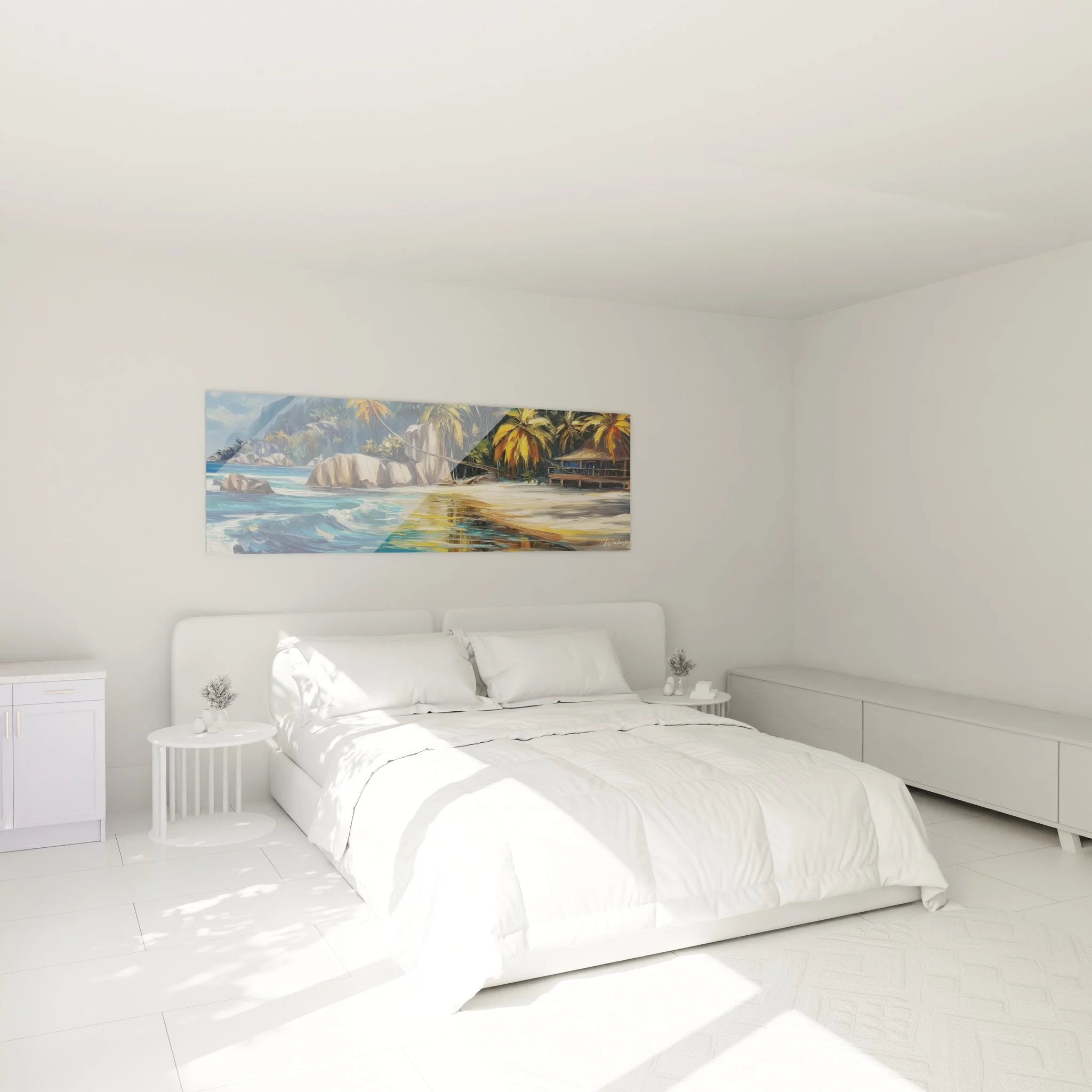 Tropisches Strandwandbild im Schlafzimmer über dem Bett für entspannende Urlaubsatmosphäre