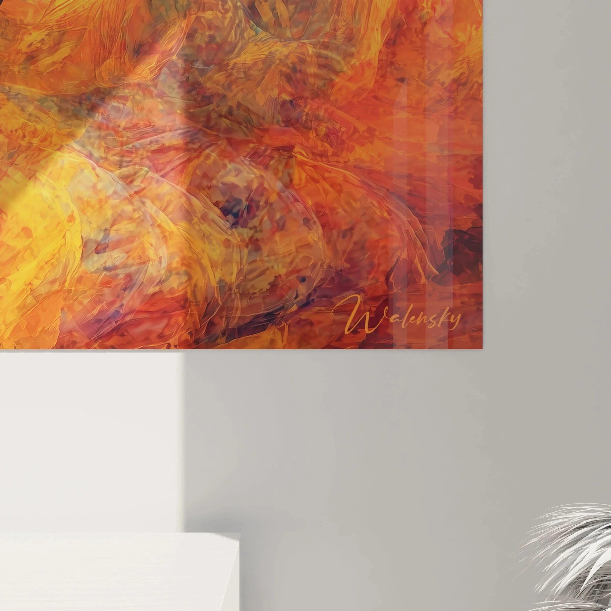 Gesamtansicht Leinwandbild Traditioneller Tanz mit expressionistischer Farbkomposition in Orange und Blau