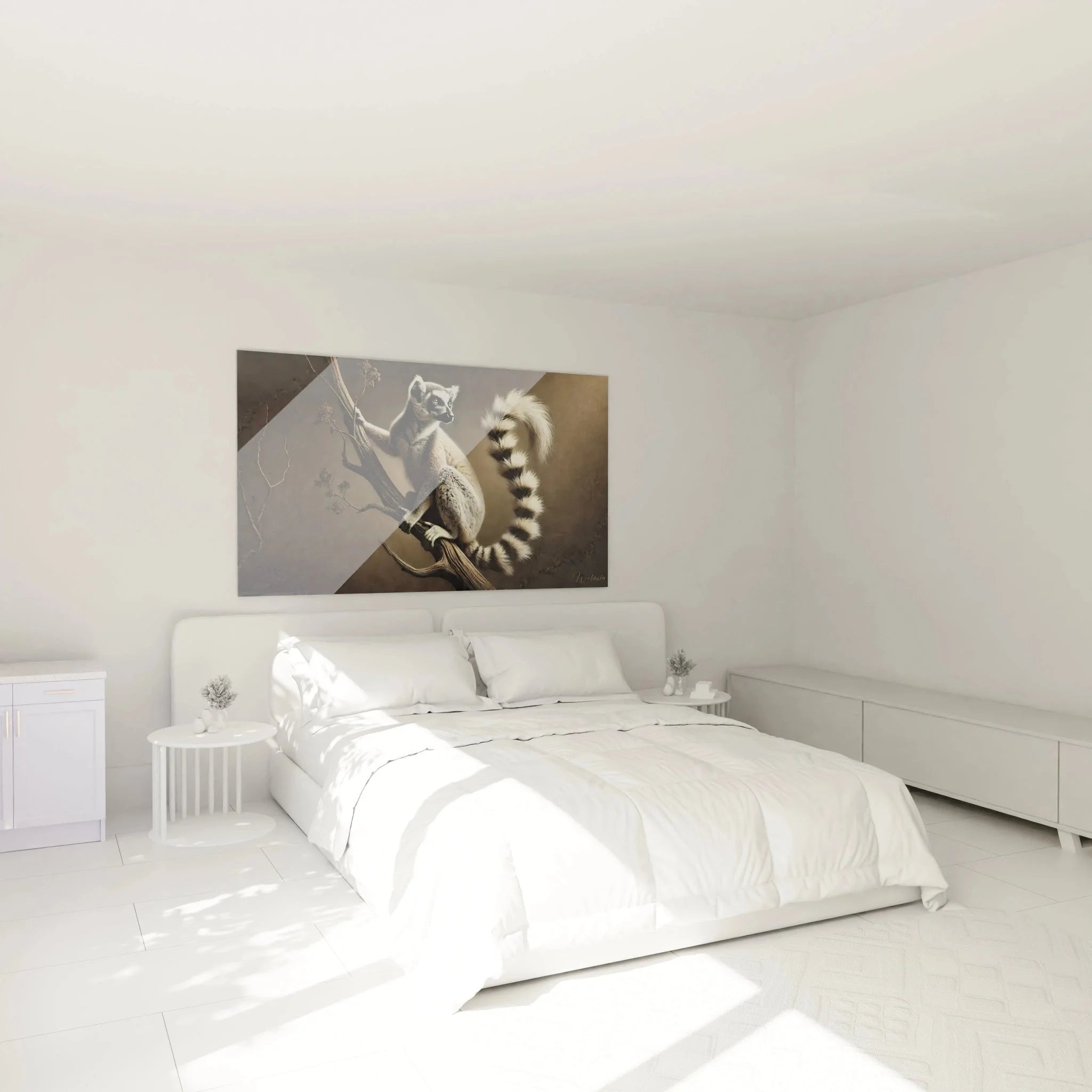 Lemur Wandbild im Schlafzimmer, Katta Motiv als stilvolle Wanddekoration über dem Bett