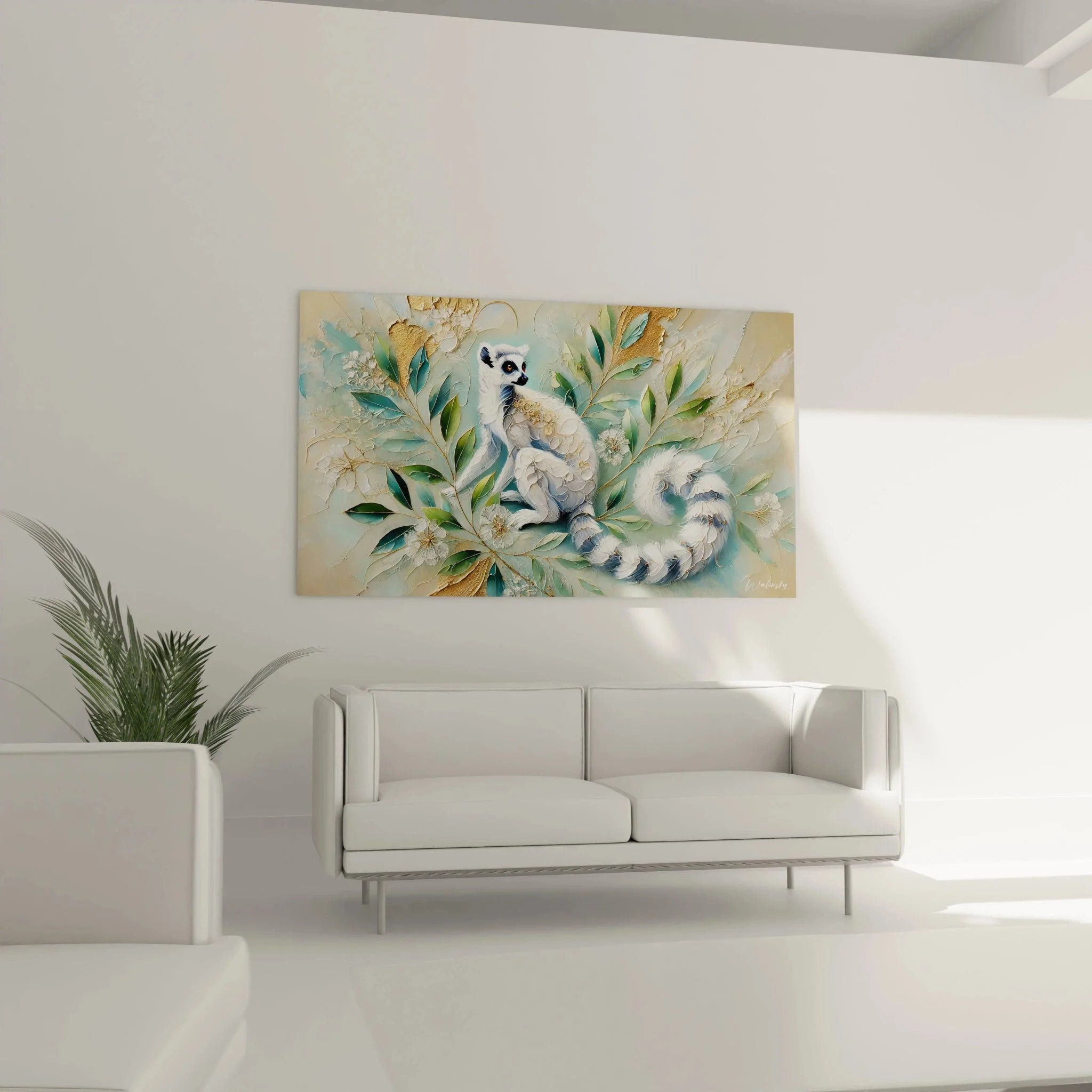 Detailansicht Lemur Wandbild, impressionistische Maltechnik, goldene Akzente und Aquamarin-Töne