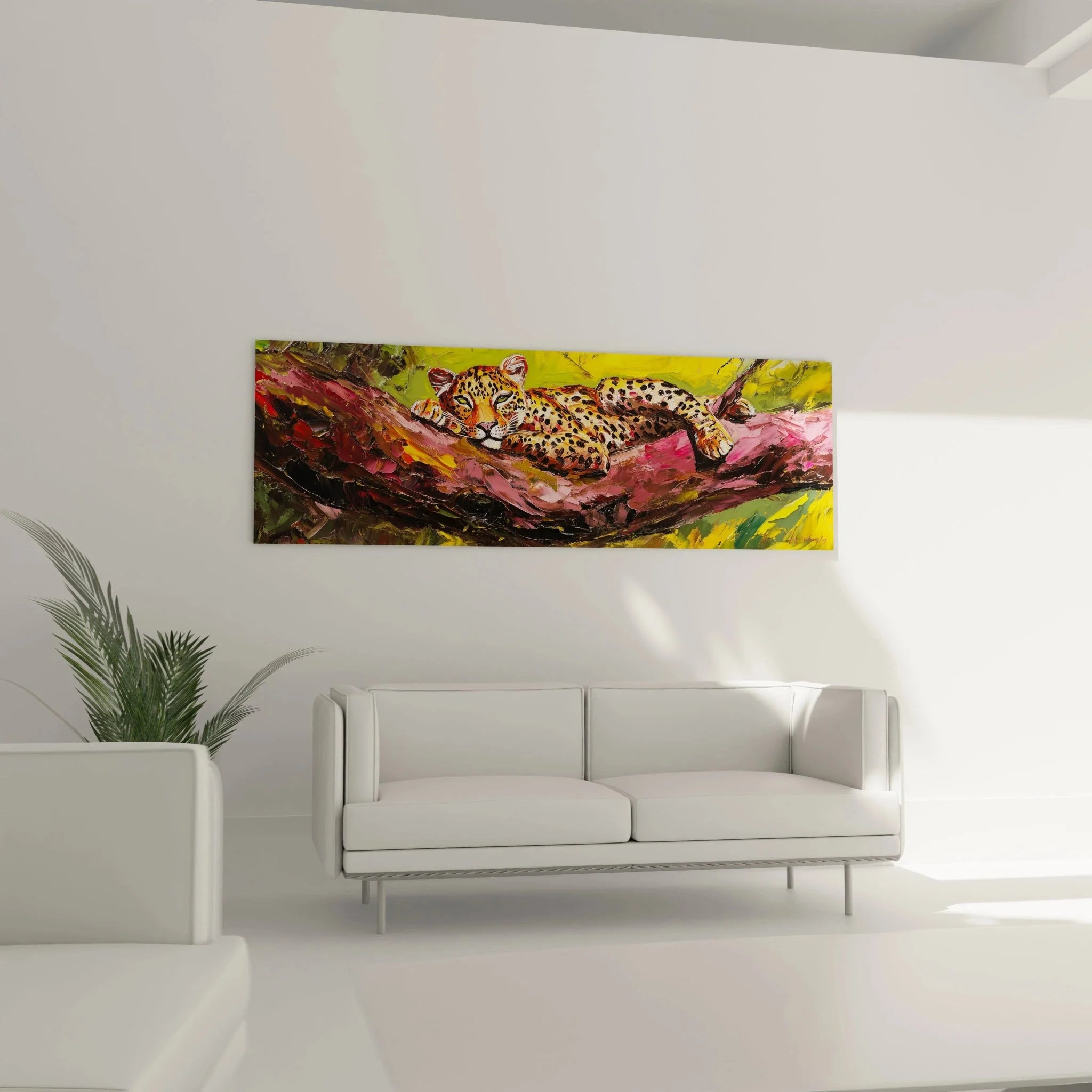 Nahaufnahme Leopard Kunstdruck - detaillierte Darstellung des gefleckten Fells in warmen Gelb- und Orangetönen